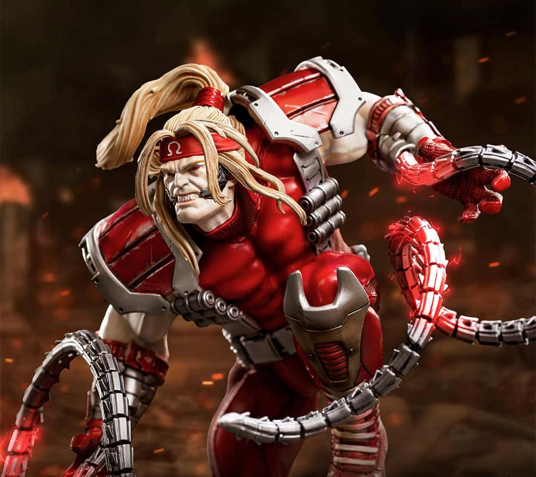 Omega Red 桌布 壁紙 — 一個肌肉發達、身穿紅色戰衣、擁有機械四肢和金髮馬尾的戰士，在熾熱的戰鬥場景中向前猛衝。