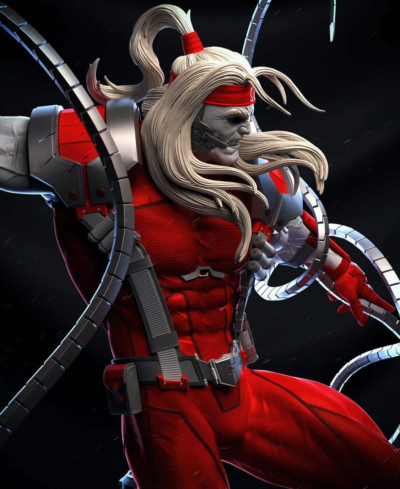 Omega Red 桌布 壁紙 — 一個肌肉發達、身穿紅色戰衣、長白髮、機械手臂的戰士，在黑暗的雨景背景下擺出動態姿勢。