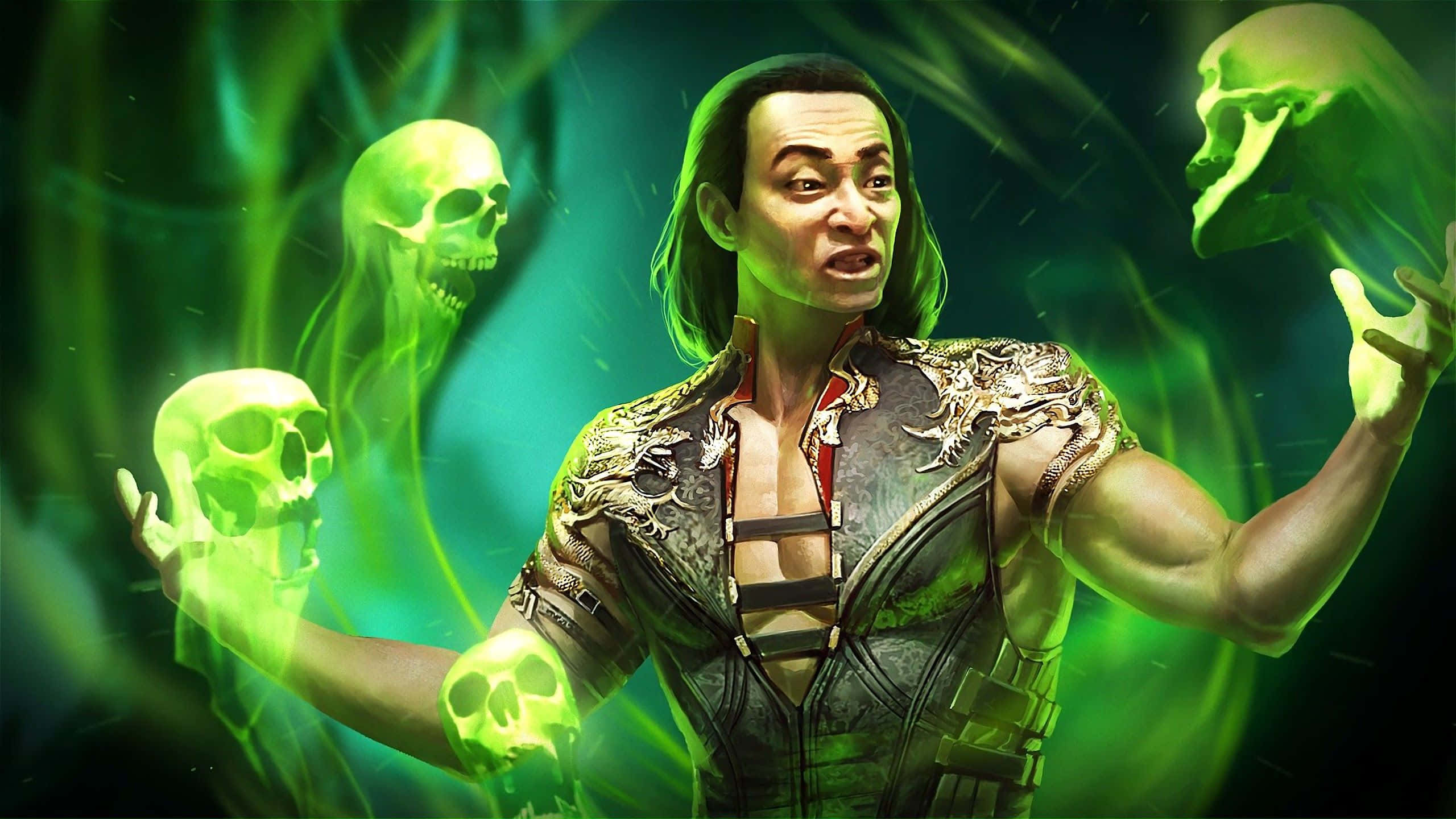 Mortal Kombat Shang Tsung 桌布 壁紙 — 一個肌肉發達、身穿華麗盔甲的男人，在旋轉的深綠色能量背景中操控著發光的綠色頭骨。