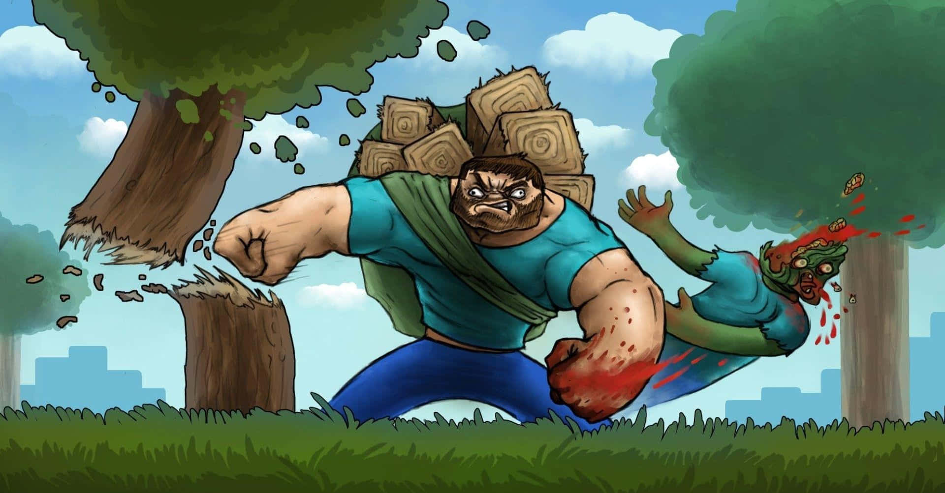 Minecraft Fan Art 桌布 壁紙 — 一個肌肉發達、身穿藍色恤衫的男人，一邊揹著柴火穿過有樹木和城市天際線的草地森林，一邊拳打喪屍。