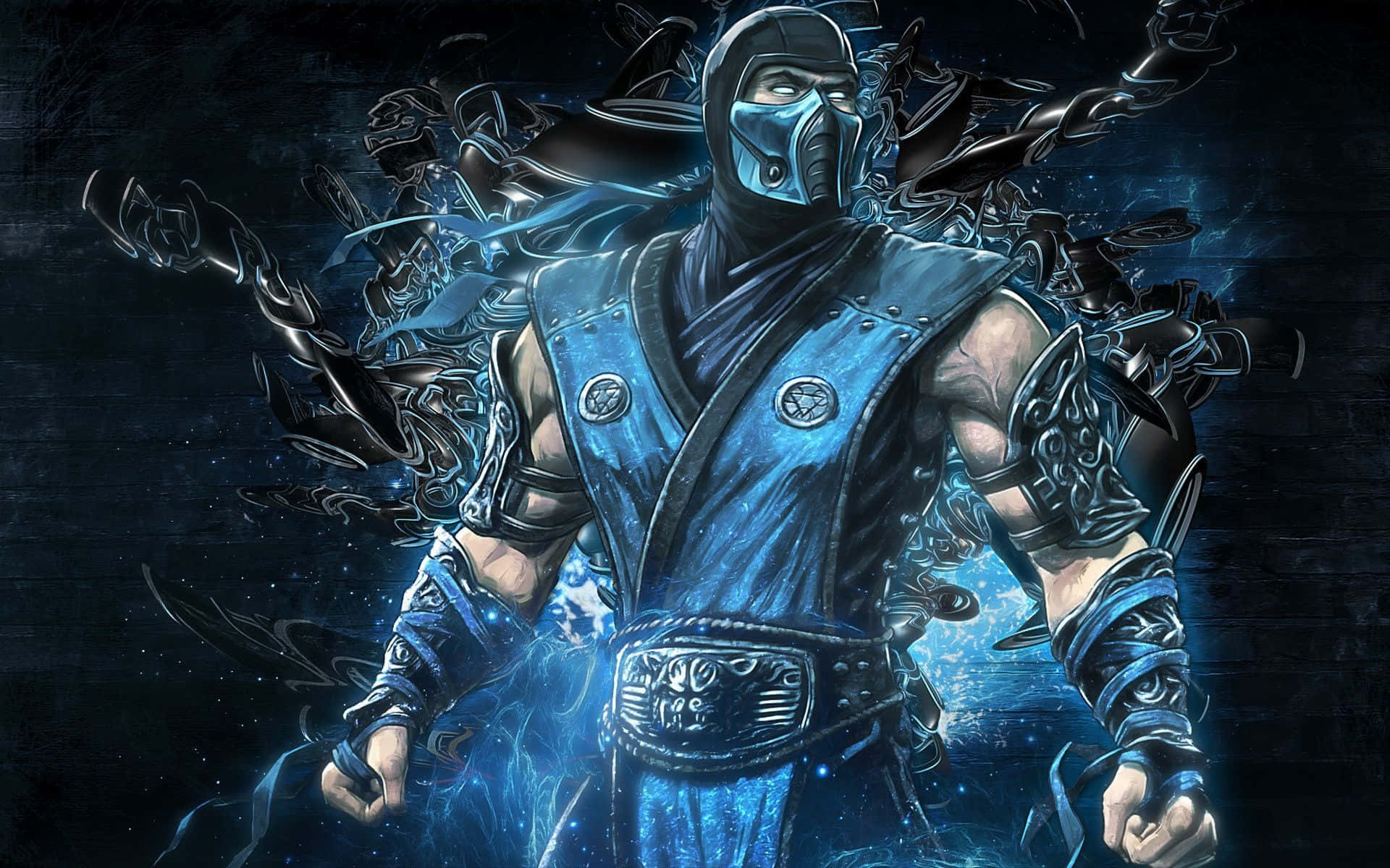 Mortal Kombat Legacy 桌布 壁紙 — 一個肌肉發達、身穿藍色盔甲的忍者，在黑暗的電藍色光環中，鎖鏈在他周圍爆炸，他挑釁地站立著。