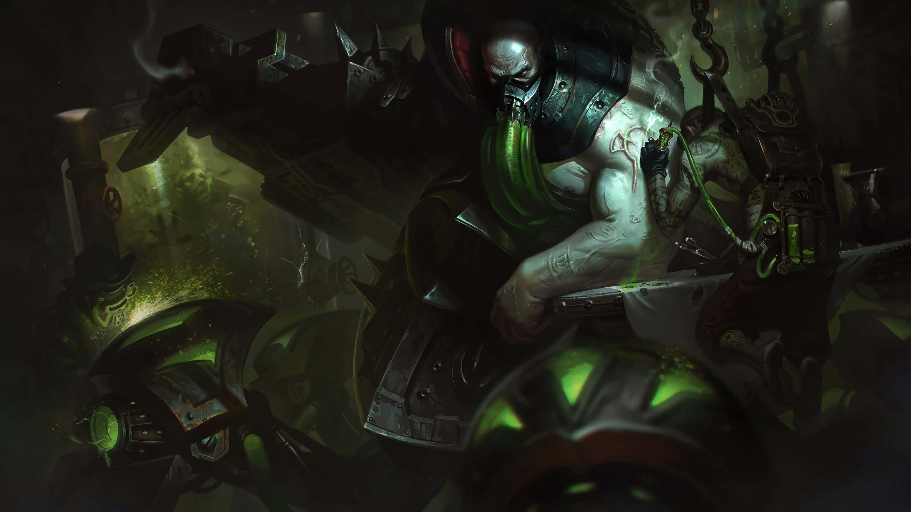 League Of Legends Champions 桌布 壁紙 — 一個肌肉發達、身穿裝甲的戰士，帶有發光的綠色管道和機械增強裝置，站在黑暗的工業環境中。