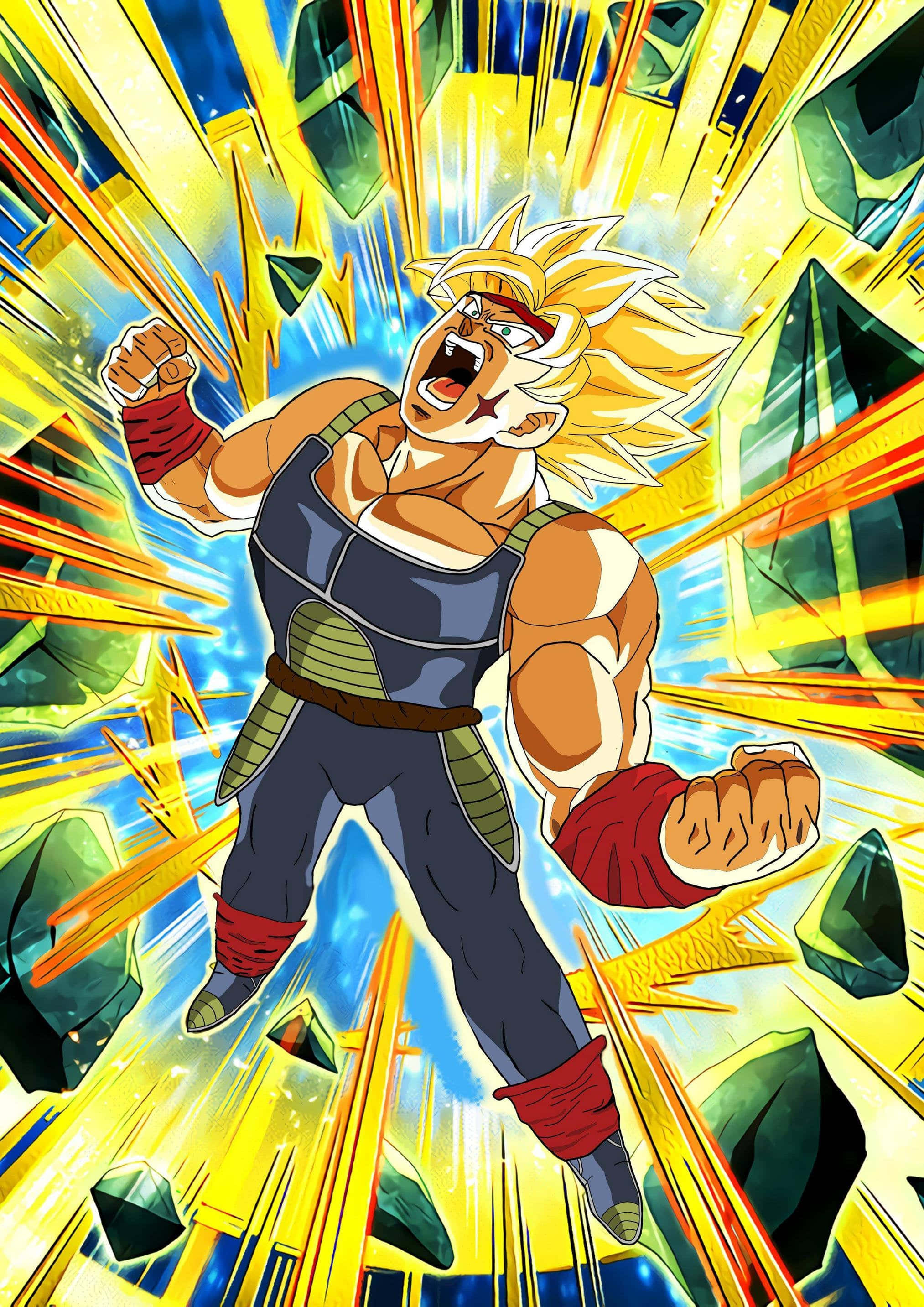 Bardock 桌布 壁紙 — 一個肌肉發達、金髮豎立的動漫戰士在半空中咆哮，周圍環繞著爆炸性的黃色能量和漂浮的綠色水晶。