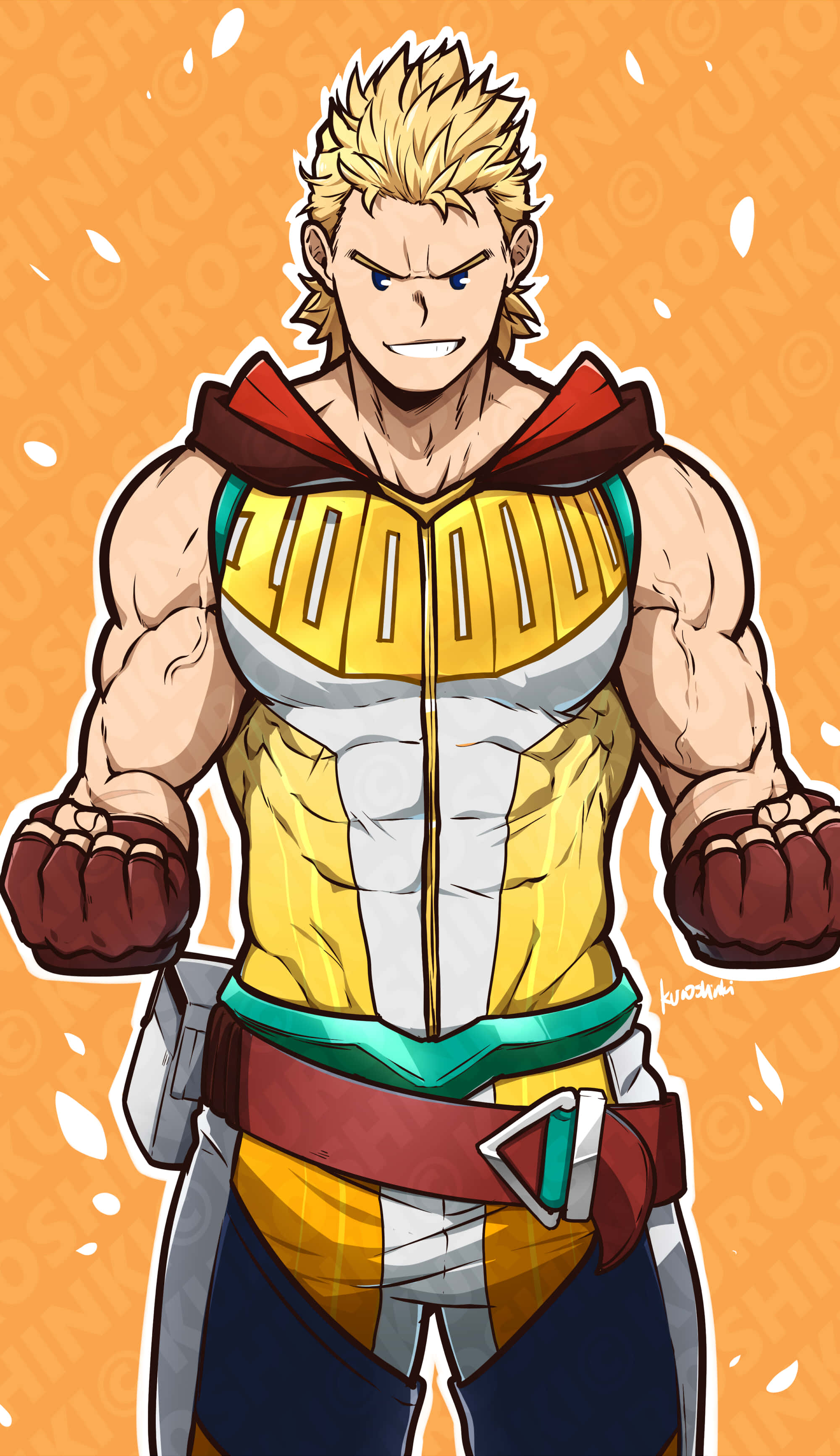 Mirio Togata 桌布 壁紙 — 一個肌肉發達、金髮豎起的動畫英雄，帶著堅定的表情，在橙色背景和白色飛濺中擺出動態姿勢。