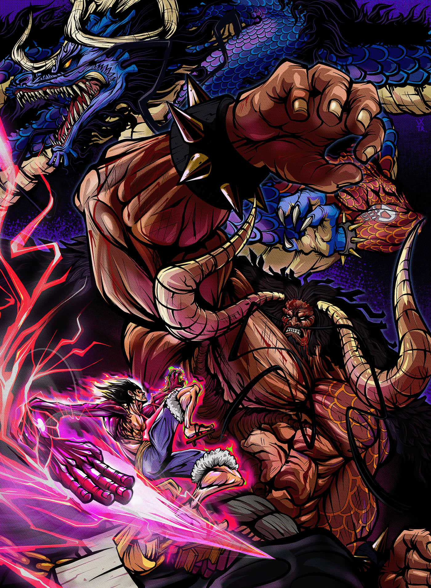 kaido 桌布 壁紙 — 一個肌肉發達、長有角並戴著尖刺頭盔的惡魔，在電光粉紅能量和深紫色天空中與一條藍龍戰鬥。