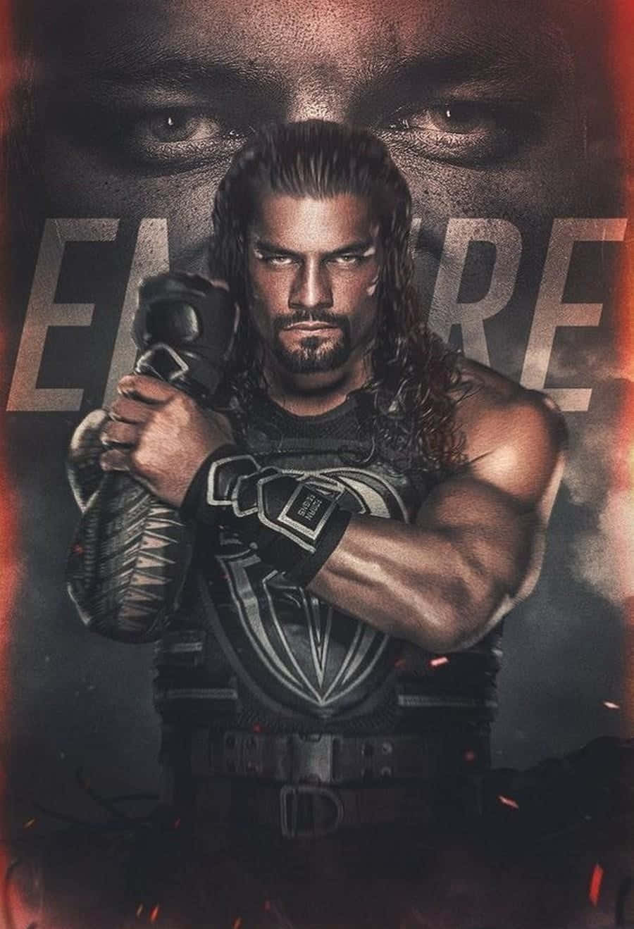 Roman Reigns 桌布 壁紙 — 一個肌肉發達、長髮的摔角手，在黑暗背景中抓住冠軍腰帶，背景有發光的紅色點綴和一個隱約出現的臉孔。