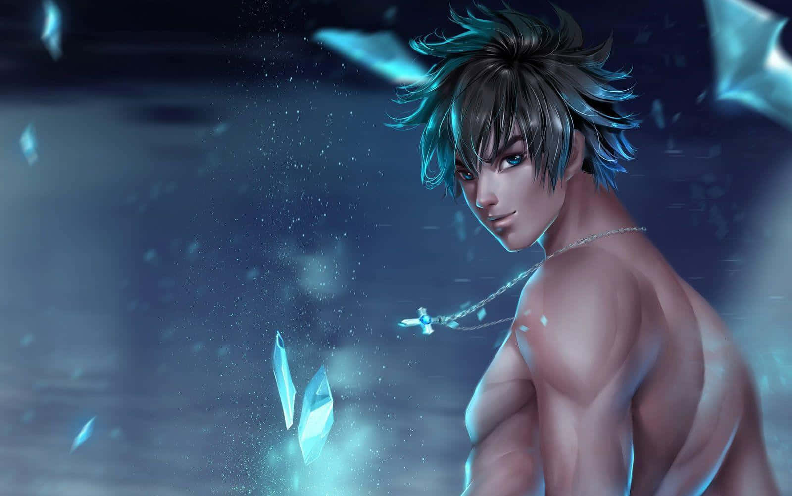 Gray Fullbuster 桌布 壁紙 — 一個肌肉發達、頭髮尖刺的動漫男子，帶著發光的藍色水晶，漂浮在黑暗的水中虛空。