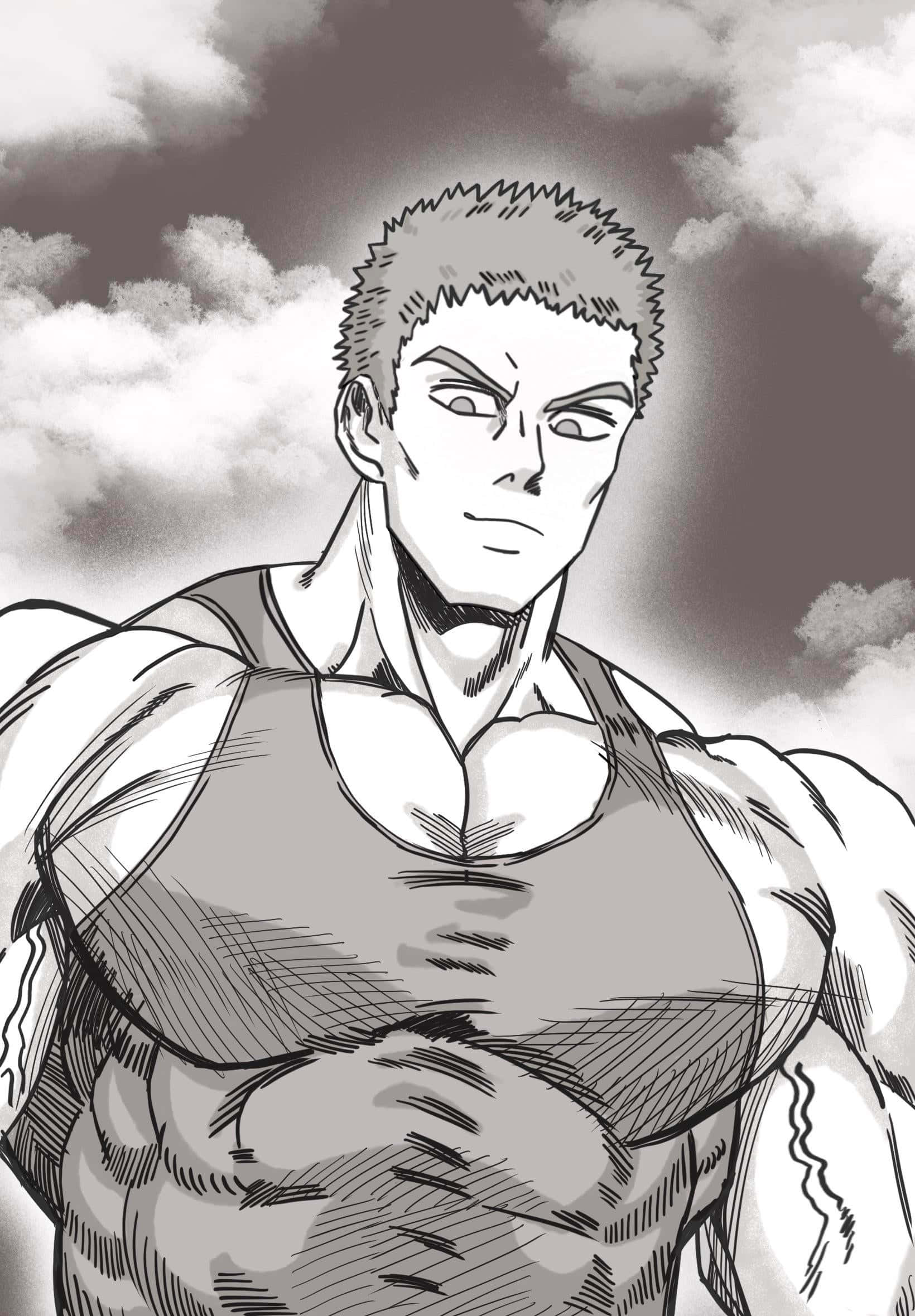 Tanktop Master 桌布 壁紙 — 一個肌肉發達、頭髮尖刺的動漫男子，在單色漫畫風格中，對著多雲的天空強烈凝視。
