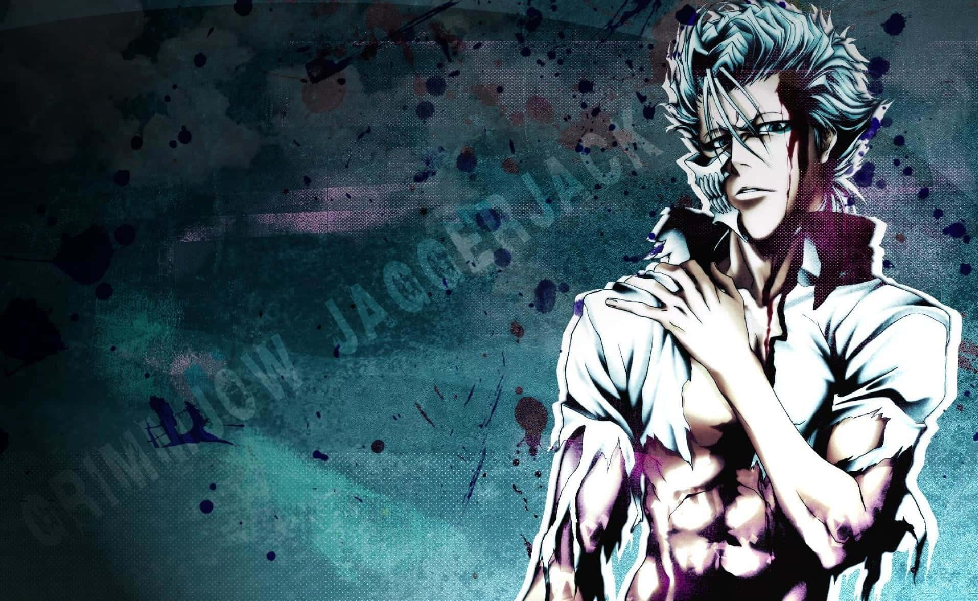 Grimmjow Jaegerjaquez 桌布 壁紙 — 一個肌肉發達、頭髮尖刺的動漫男子，帶有血痕，站在深藍綠色潑濺背景前。