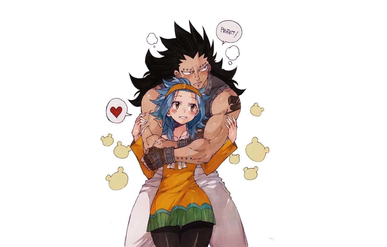 Gajeel Redfox 桌布 壁紙 — 一個肌肉發達、黑色刺蝟頭的動漫男子擁抱著一個穿著橙色連衣裙的藍髮女孩，周圍漂浮著泰迪熊和心形對話框。