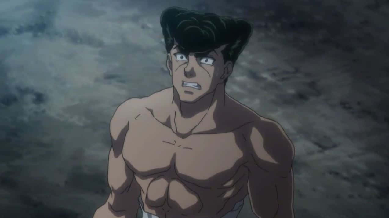 Knuckle Bine 桌布 壁紙 — 一個肌肉發達嘅動漫男人，黑色頭髮，喺暴風雨嘅灰色天空下強烈凝視。
