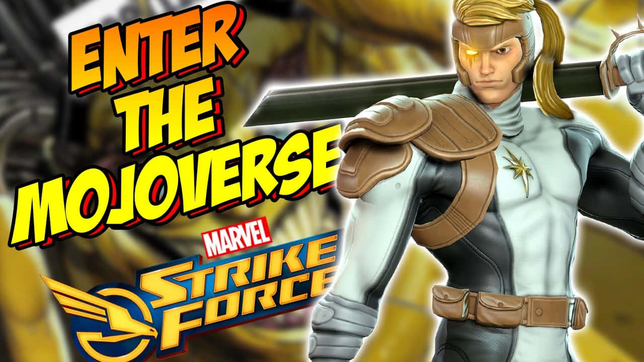 Shatterstar 桌布 壁紙 — 一個肌肉發達的Marvel Strike Force英雄，眼睛發光，手持劍，準備好對抗火黃色背景。