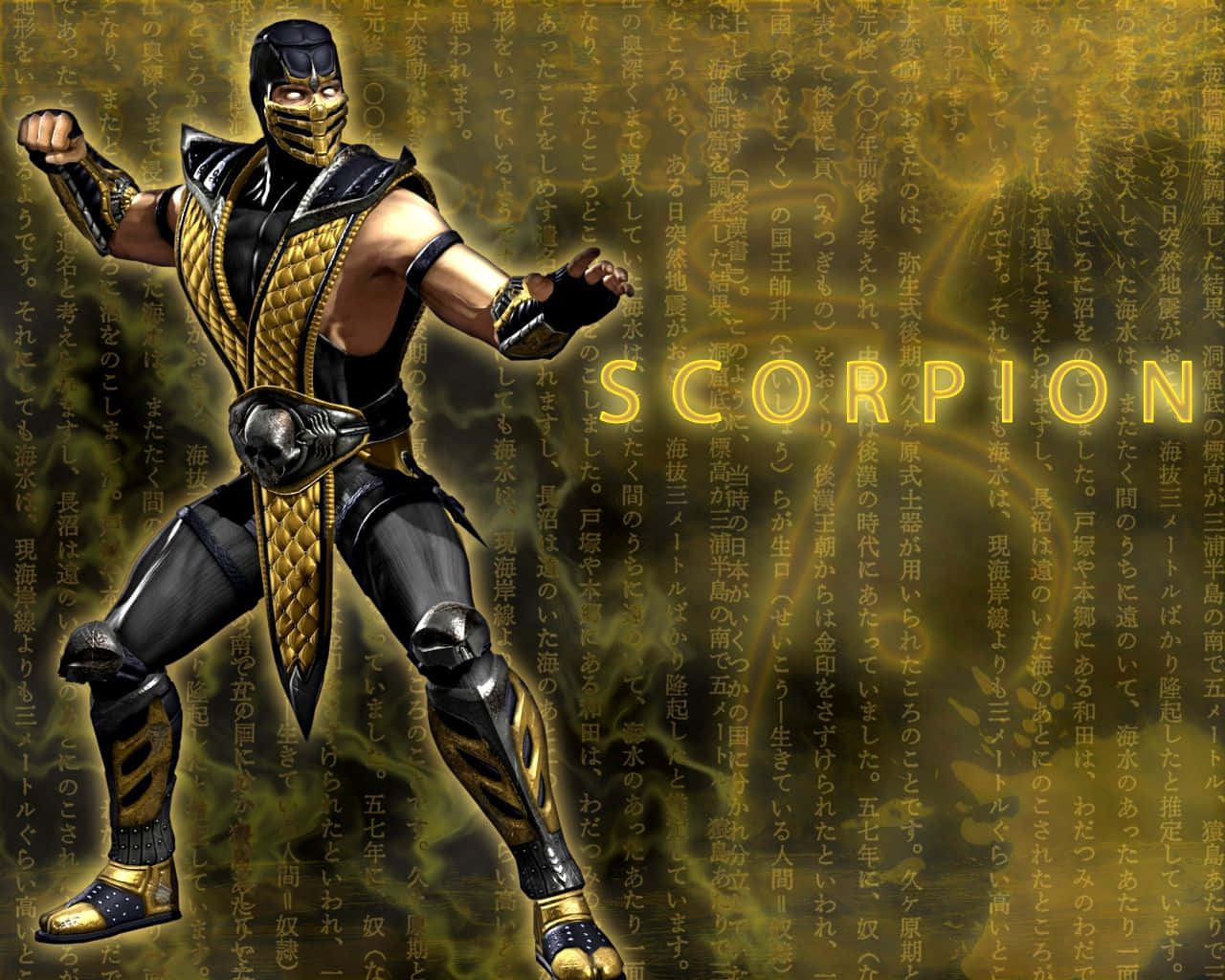 Mortal Kombat Vs Dc Universe 桌布 壁紙 — 一個肌肉發達的Scorpion角色，身穿黑色和金色盔甲，動態地站在充滿日文的發光金色背景前。