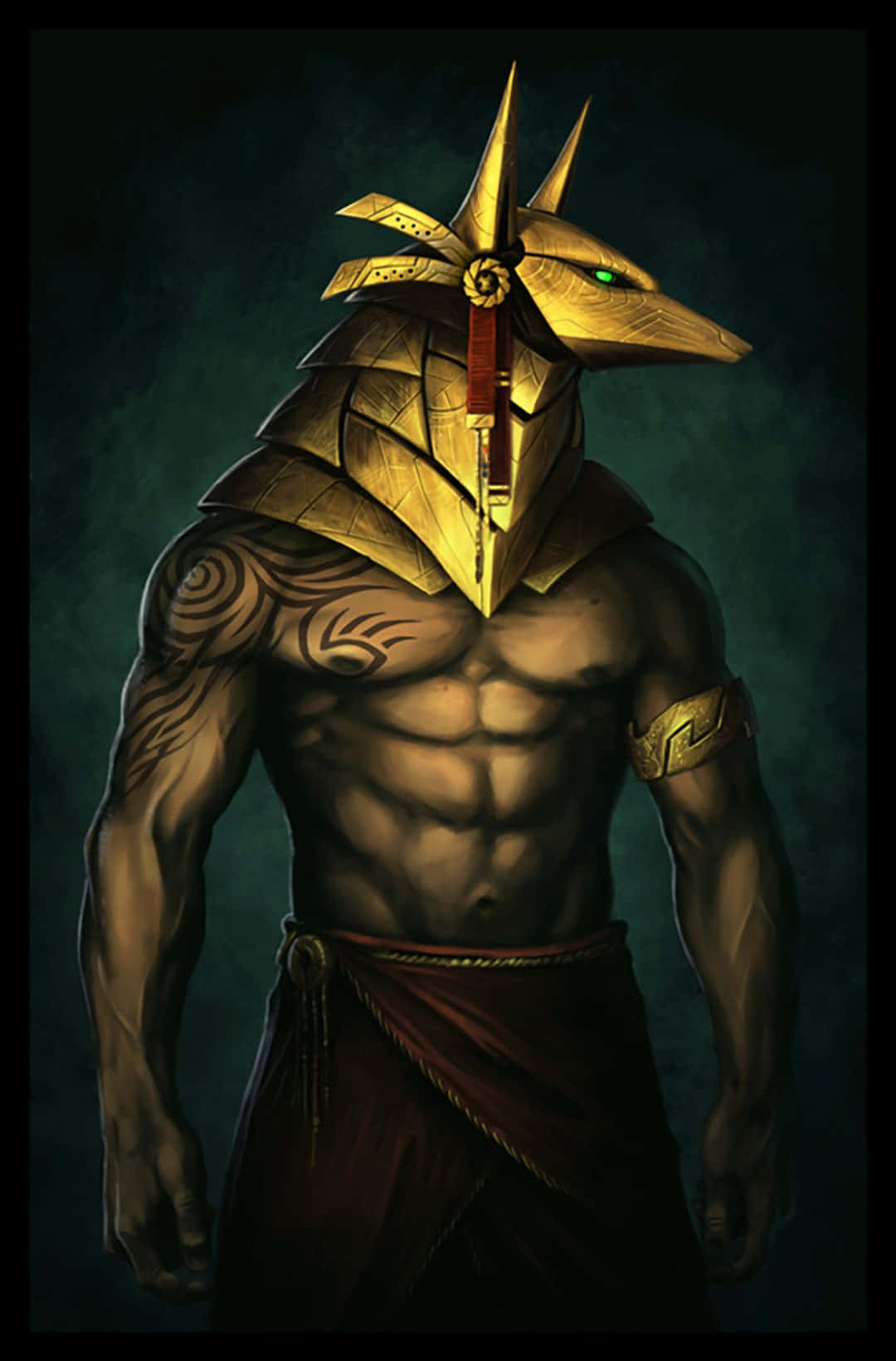 Egyptian Gods 桌布 壁紙 — 一個肌肉發達的人形生物戴著金色胡狼頭盔，站在深藍綠色背景前，發光的綠色眼睛和部落紋身清晰可見。