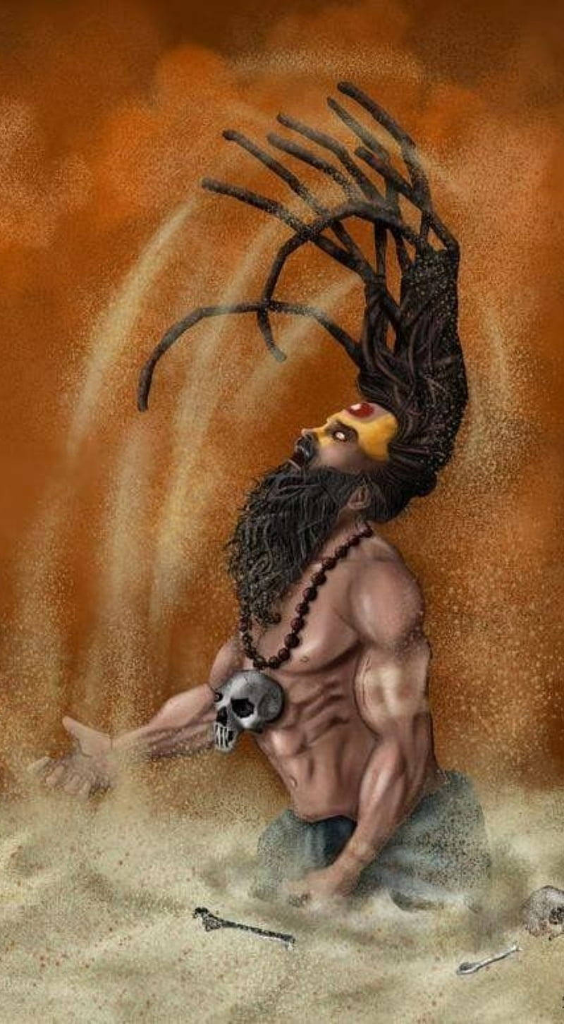 Aghori 桌布 壁紙 — 一個肌肉發達的人物，辮子形狀像骷髏手，跪在沙地上，手持骷髏項鍊，背景是旋轉的橙色。