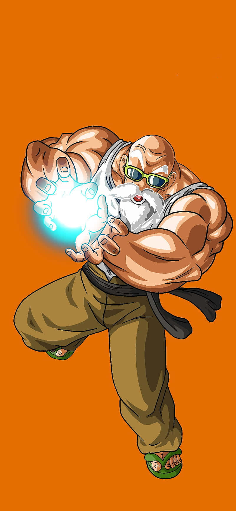 Turtle Hermit 桌布 壁紙 — 一個肌肉發達的光頭動漫戰士，戴著綠色眼鏡和白色鬍鬚，在純橙色背景下以動態姿勢引導發光的藍色能量球。