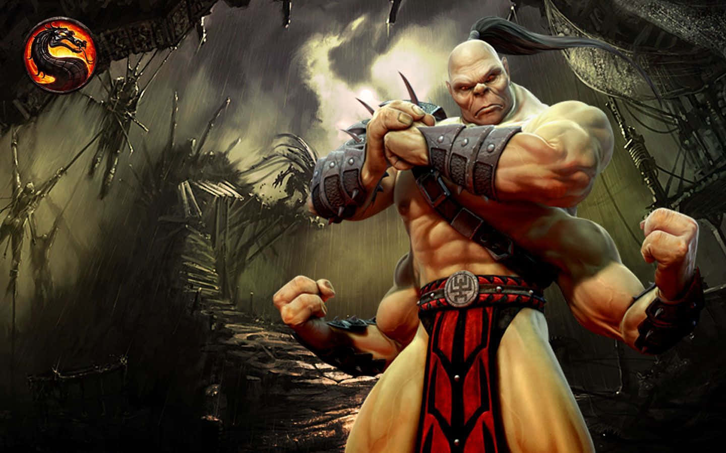 Mortal Kombat Goro 桌布 壁紙 — 一個肌肉發達的光頭戰士身穿紅黑盔甲，在黑暗風暴的叢林中擺出戰鬥姿勢，角落有龍標誌。