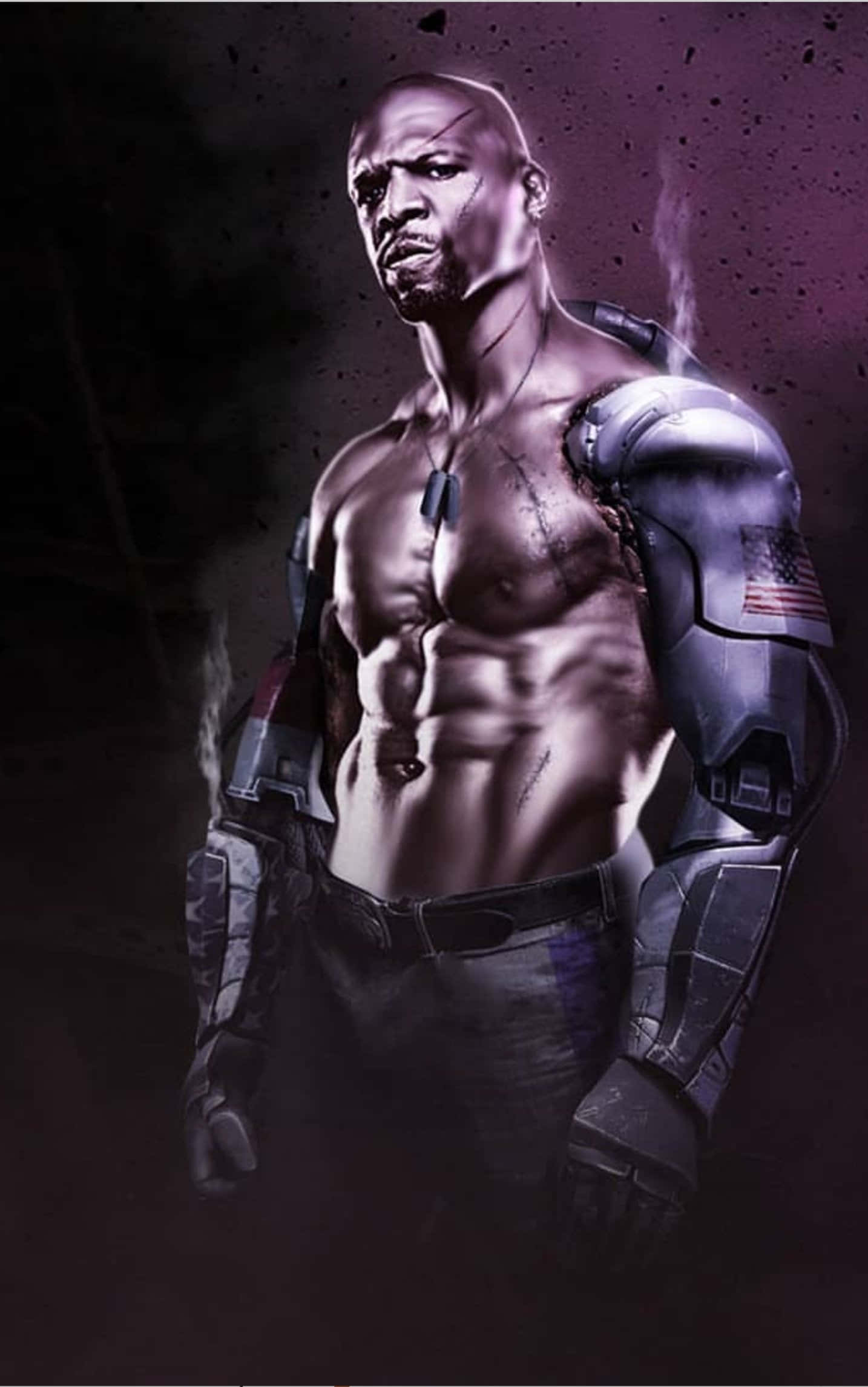 Mortal Kombat Jax 桌布 壁紙 — 一個肌肉發達的光頭男人，擁有機械手臂和美國國旗補丁，站在黑暗煙霧彌漫的環境中，表情嚴肅。