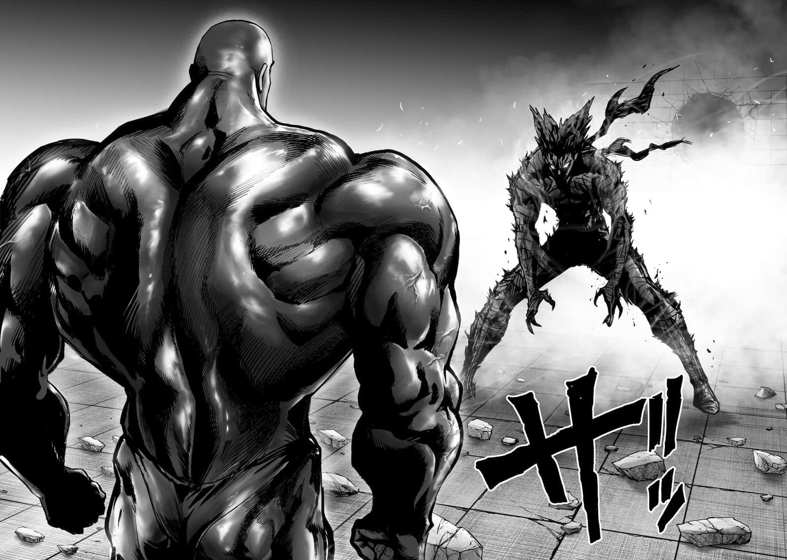 Garou 桌布 壁紙 — 一個肌肉發達的光頭男人在破碎的瓷磚競技場中，面對一個多刺的怪物般的生物，帶有戲劇性的黑白陰影。