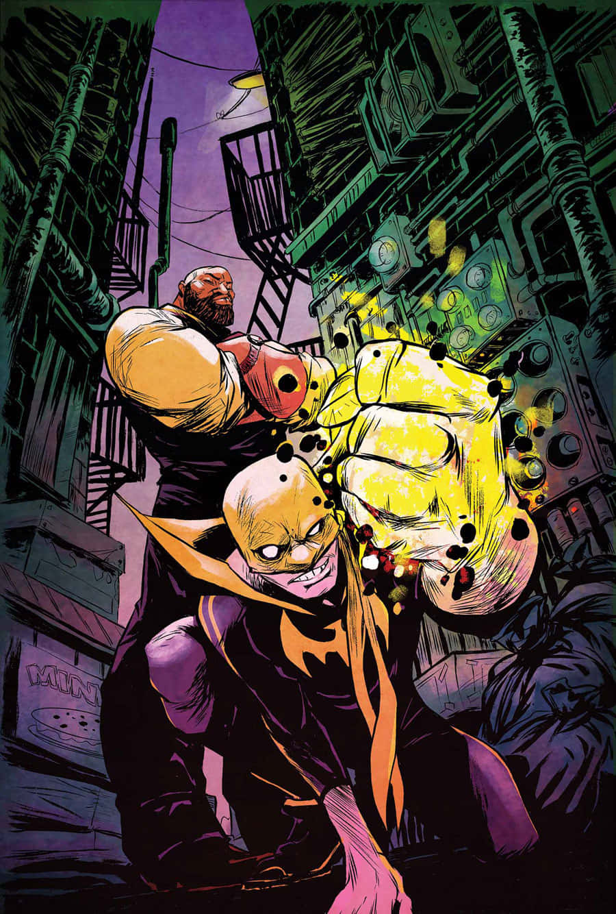 Heroes For Hire 桌布 壁紙 — 一個肌肉發達的光頭男人穿著紅色背心，在一個有塗鴉和管道的霓虹燈小巷中拳打一個蒙面惡棍。