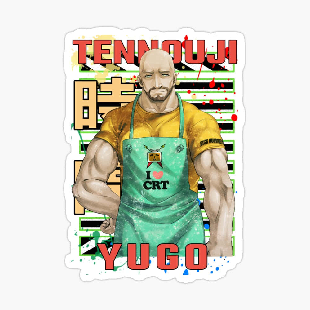 Yuugo Tennouji 桌布 壁紙 — 一個肌肉發達的光頭男人穿著綠色圍裙，上面有「I ❤ CRT」字樣，自信地站在帶有粗體紅色文字和潑濺效果的塗鴉風格背景前。