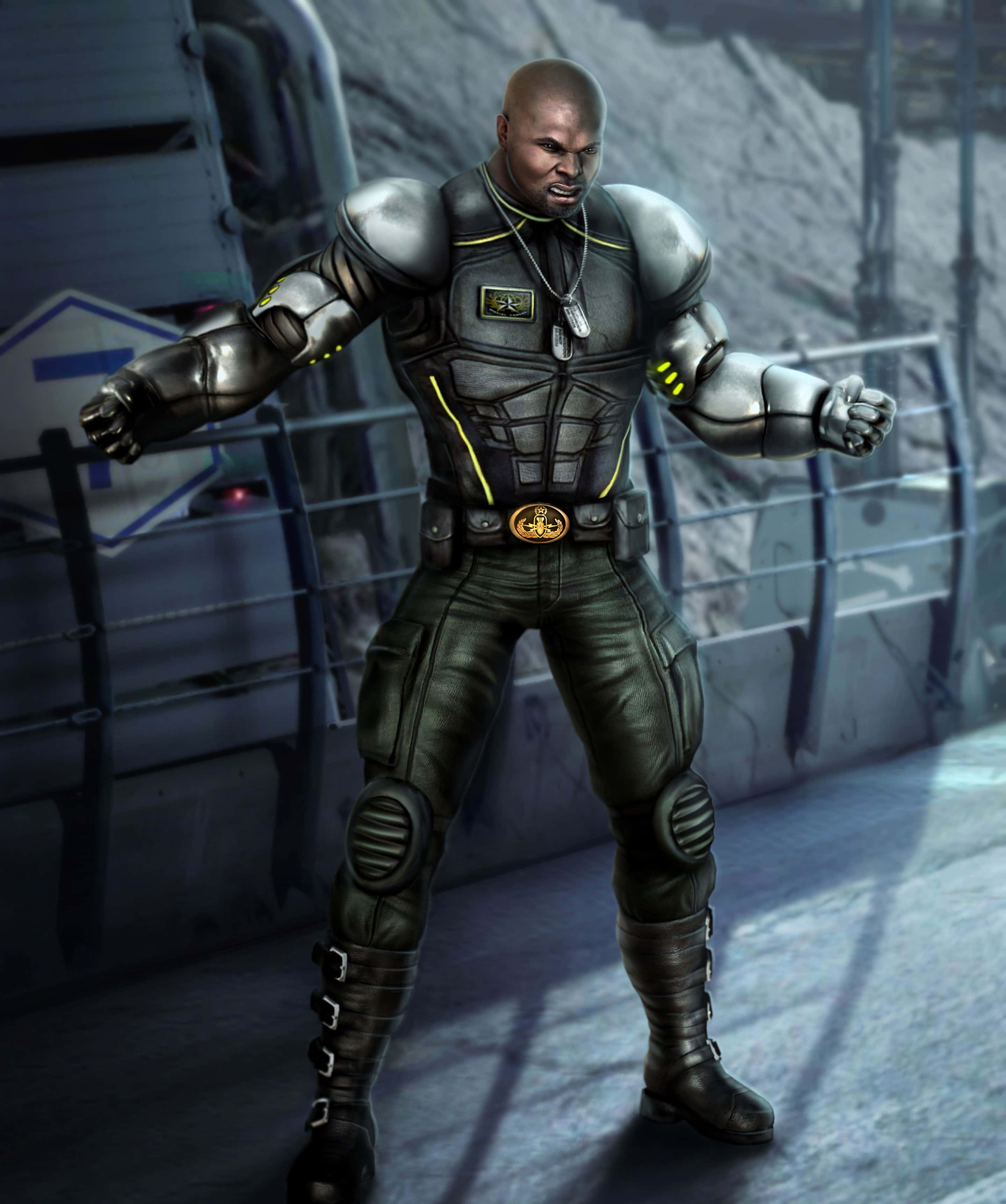 Mortal Kombat Jax 桌布 壁紙 — 一個肌肉發達的光頭男子穿著未來風格的裝甲裝備，挑釁地站在金屬平台上，背景是工業場景。