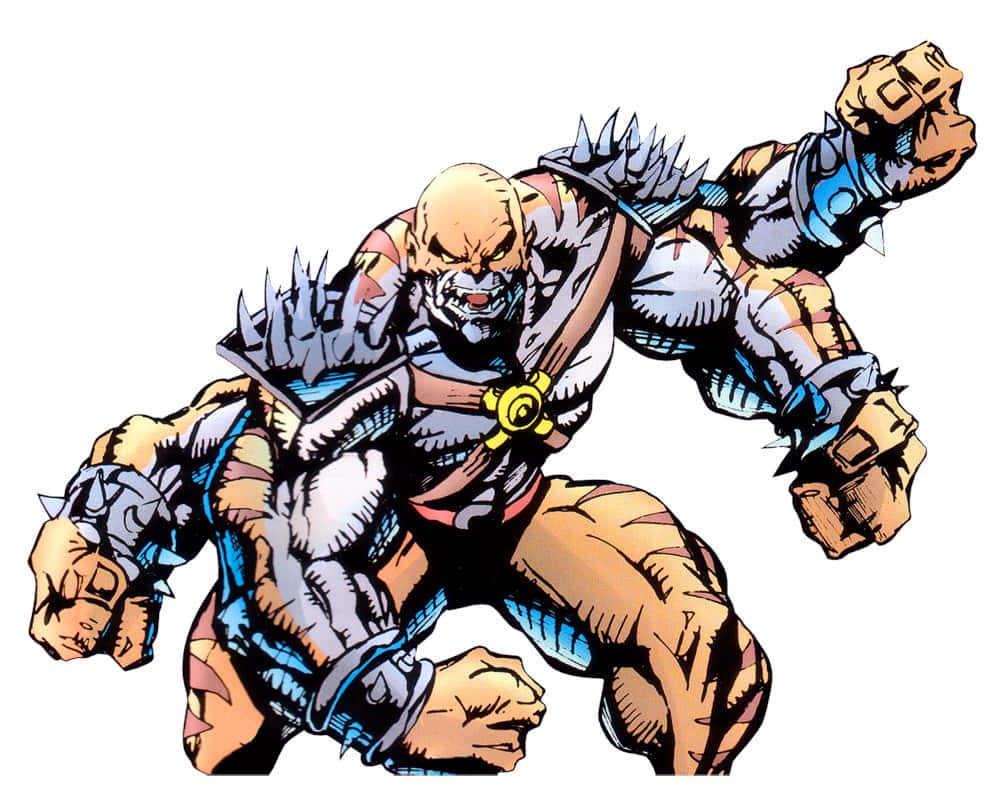 Mortal Kombat Kintaro 桌布 壁紙 — 一個肌肉發達的光頭超級英雄，身穿尖刺盔甲和發光的黃色皮帶扣，以動態的漫畫姿勢向前衝刺。