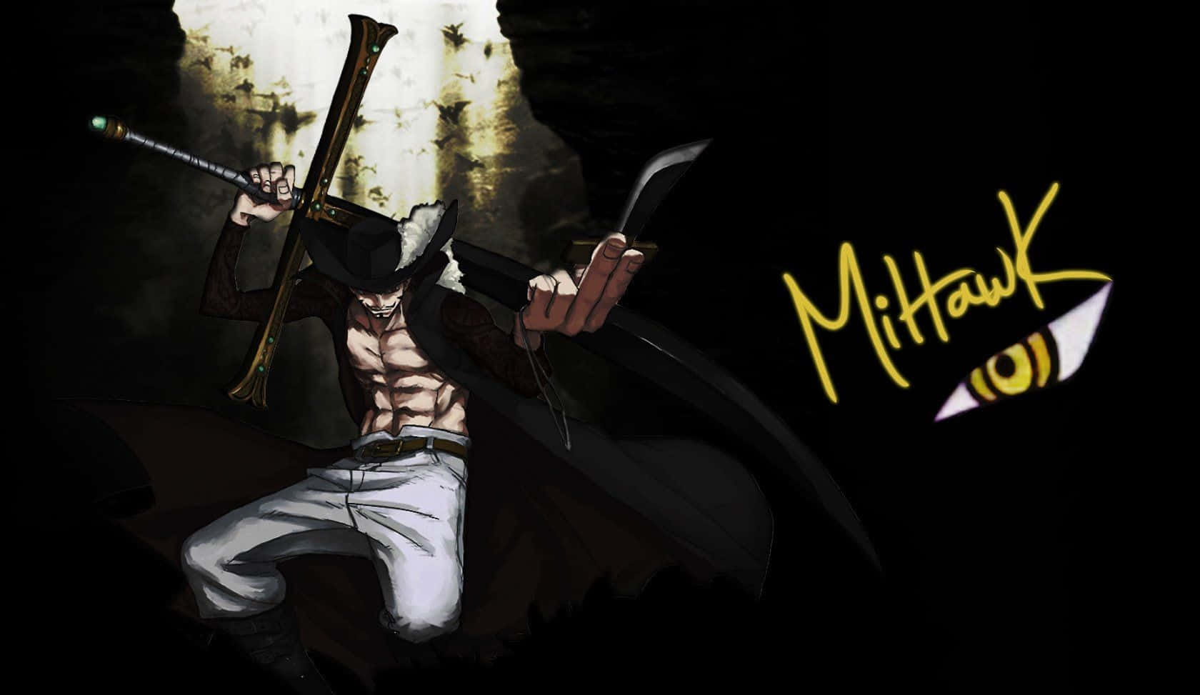 Dracule Mihawk 桌布 壁紙 — 一個肌肉發達的動漫劍士，戴著黑色帽子和外套，在戲劇性的背光下手持兩把刀，帶有「MittHawk」文字。