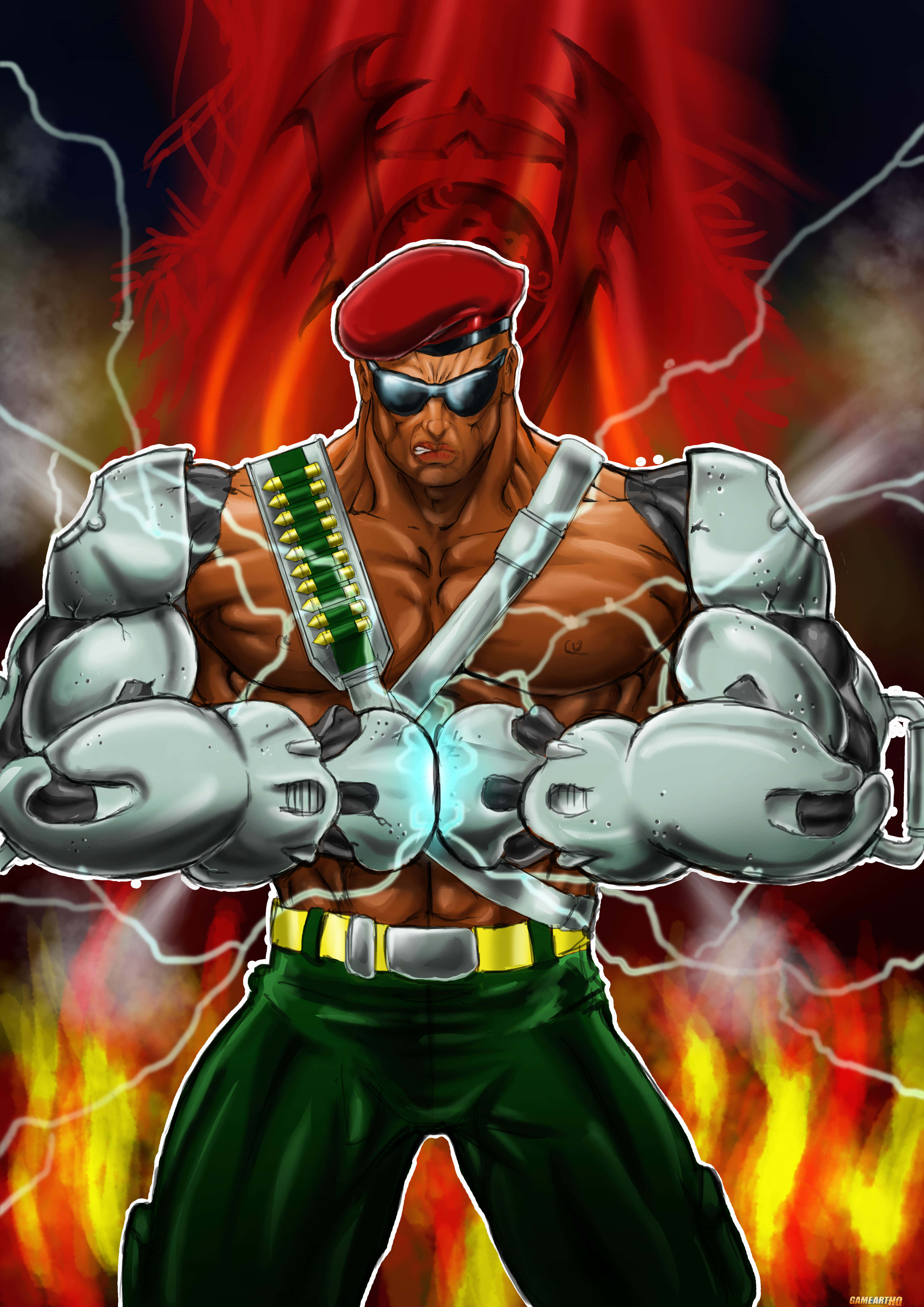 Mortal Kombat Jax 桌布 壁紙 — 一個肌肉發達的動漫士兵，戴著紅色貝雷帽和綠色褲子，在帶有閃電的熾熱紅橙色背景下，握著發光的拳頭挑釁地站立。