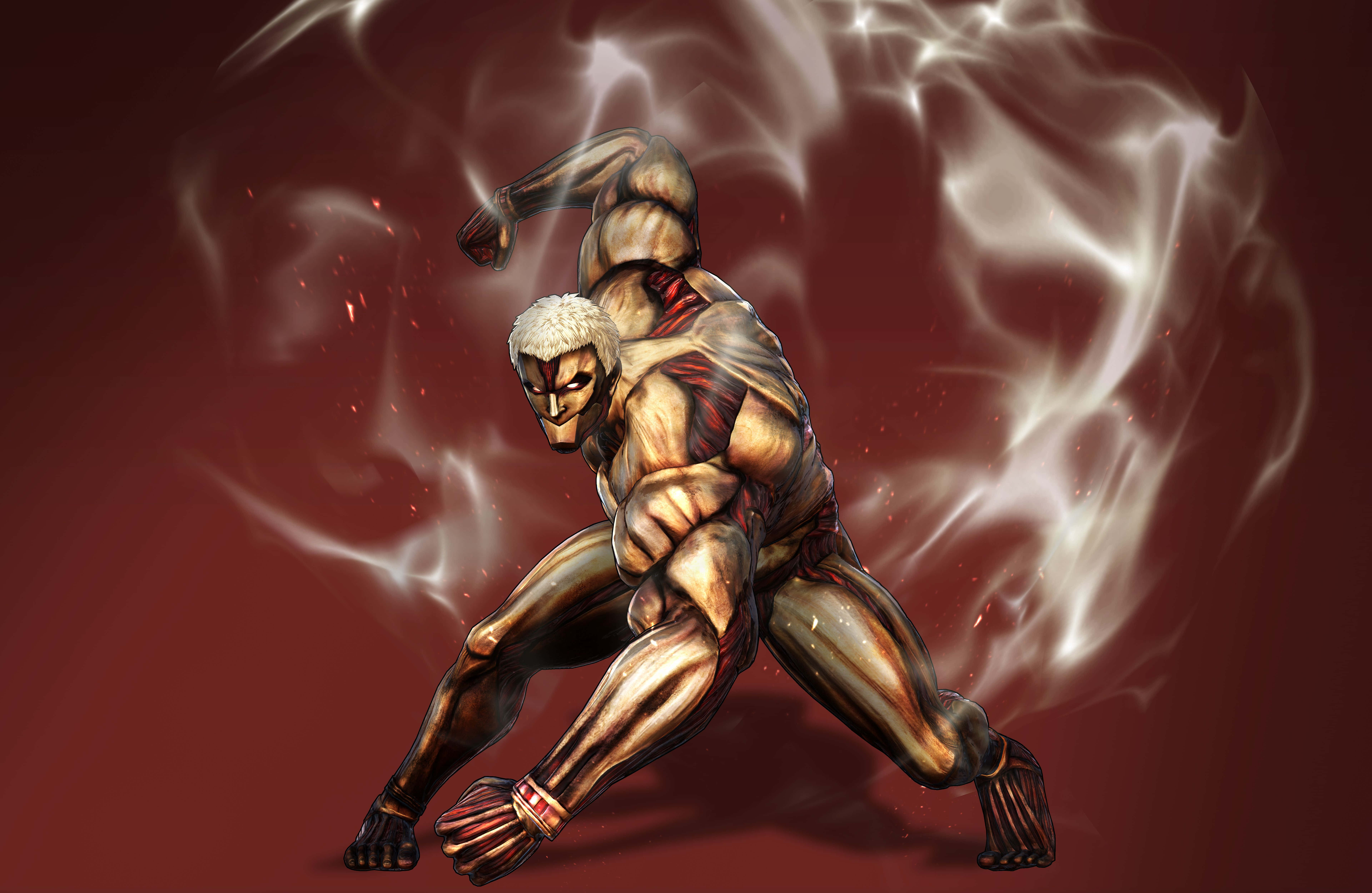 Reiner Braun 桌布 壁紙 — 一個肌肉發達的動漫巨人，在旋轉的紅色和白色能量背景下擺出動態戰鬥姿勢。