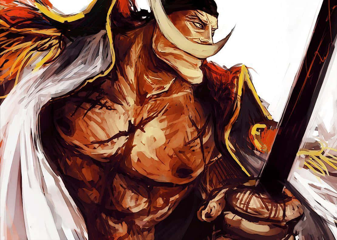 Whitebeard 桌布 壁紙 — 一個肌肉發達的動漫戰士，戴著有角頭盔和白色披風，專注地握著劍。