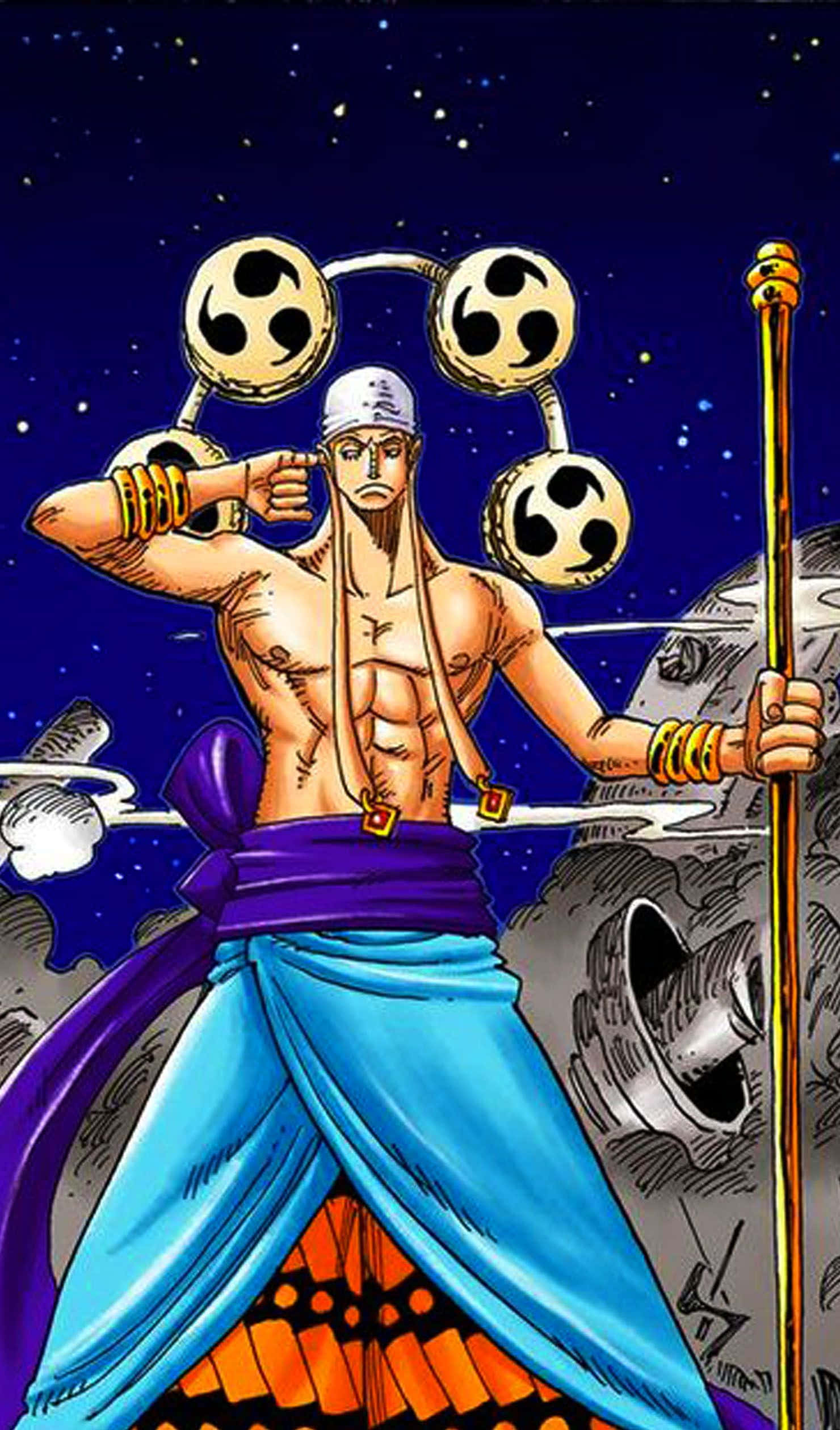 One Piece Enel 桌布 壁紙 — 一個肌肉發達的動漫戰士，戴著白色頭帶和藍色褲子，站在繁星點點的夜空下，手持法杖和三個旋轉的金色球體。