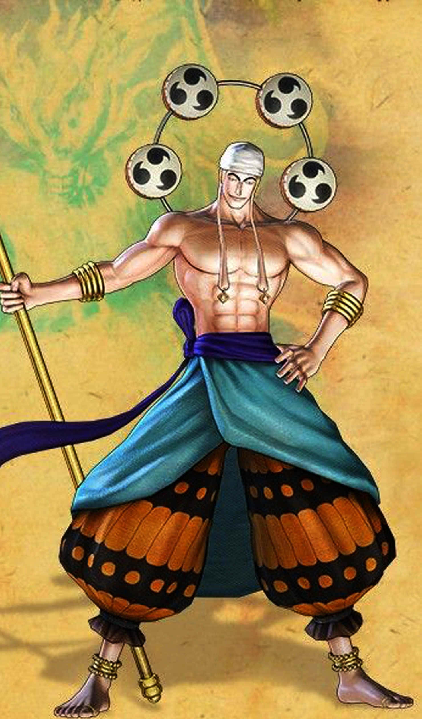 One Piece Enel 桌布 壁紙 — 一個肌肉發達的動漫戰士，戴著白色頭帶，背上有四個帶刺的球體，在紋理黃綠色背景前揮舞著金色法杖。