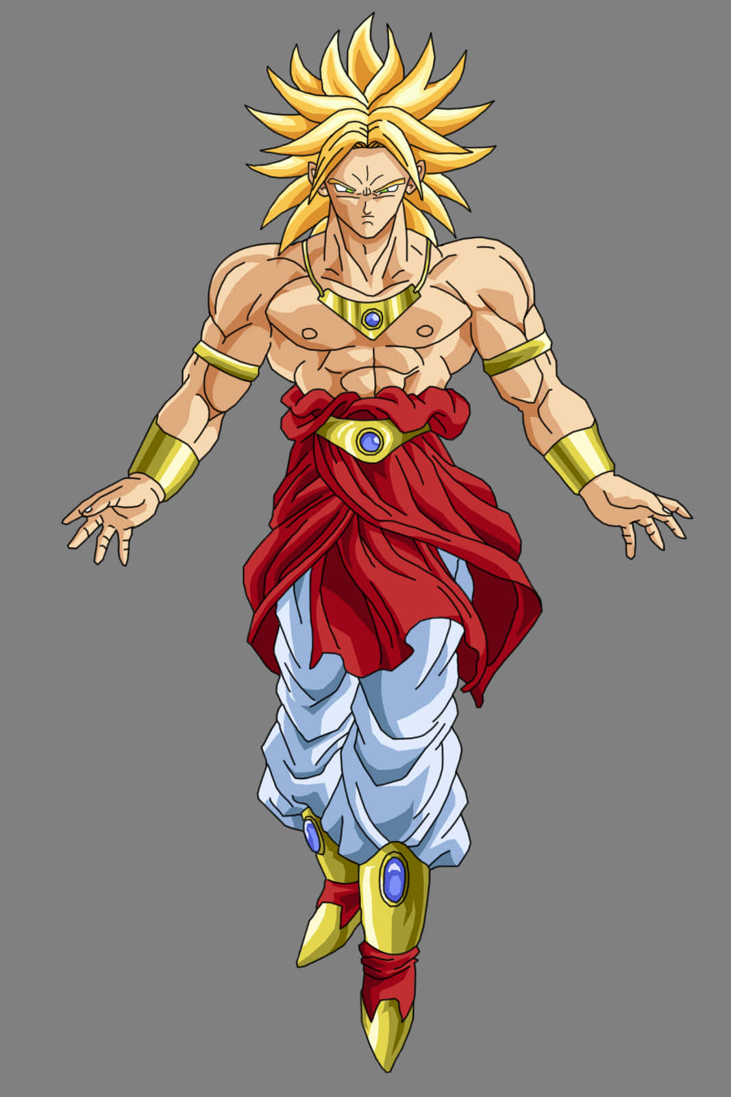 Dragon Ball Characters 桌布 壁紙 — 一個肌肉發達的動漫戰士，擁有尖刺金髮和紅色腰帶，漂浮在純灰色背景上。