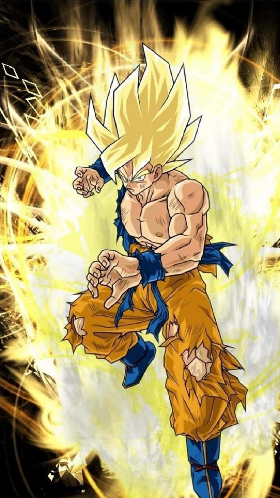 Saiyan Race 桌布 壁紙 — 一個肌肉發達的動漫戰士，擁有尖刺金色頭髮和破爛的橙色道服，在動態戰鬥姿勢中散發出強烈的黃色能量。