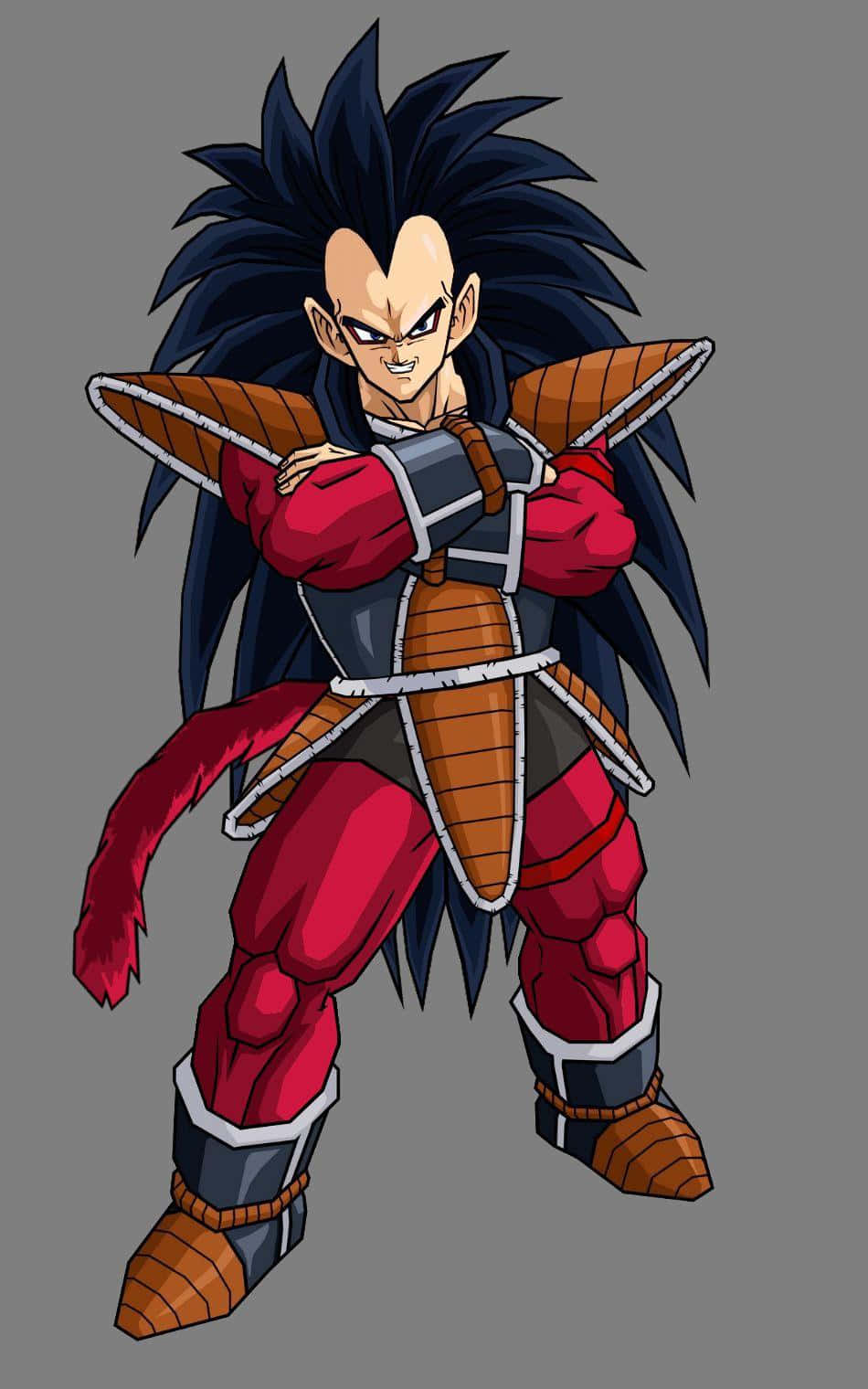 Raditz 桌布 壁紙 — 一個肌肉發達的動漫戰士，擁有尖刺般的黑髮和紅色盔甲，在純灰色背景前擺出強而有力的姿勢。