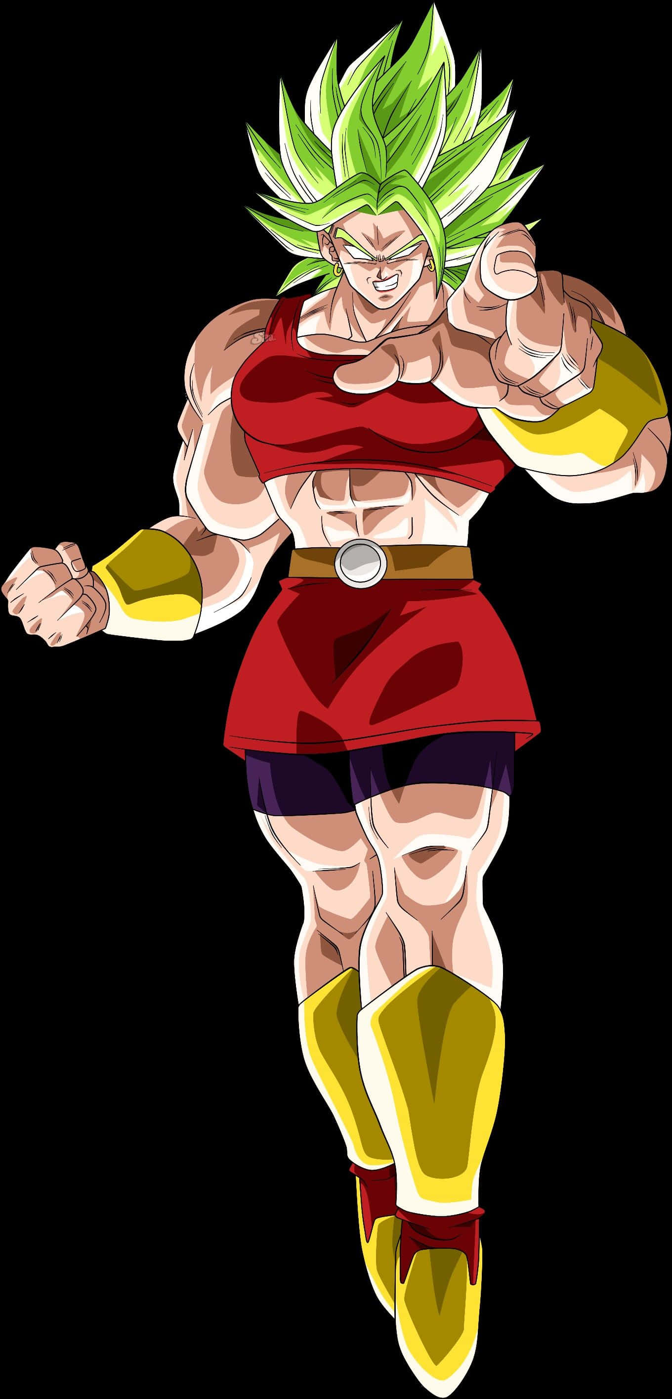 Legendary Super Saiyan 桌布 壁紙 — 一個肌肉發達的動漫戰士，擁有尖刺的綠色頭髮和紅色服裝，在黑色背景前擺出強有力的姿勢。