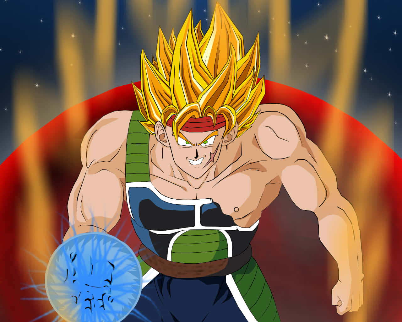 Bardock 桌布 壁紙 — 一個肌肉發達的動漫戰士，擁有尖刺金髮和綠色盔甲，向前衝刺，在熾熱的宇宙背景下形成一個發光的藍色能量球。