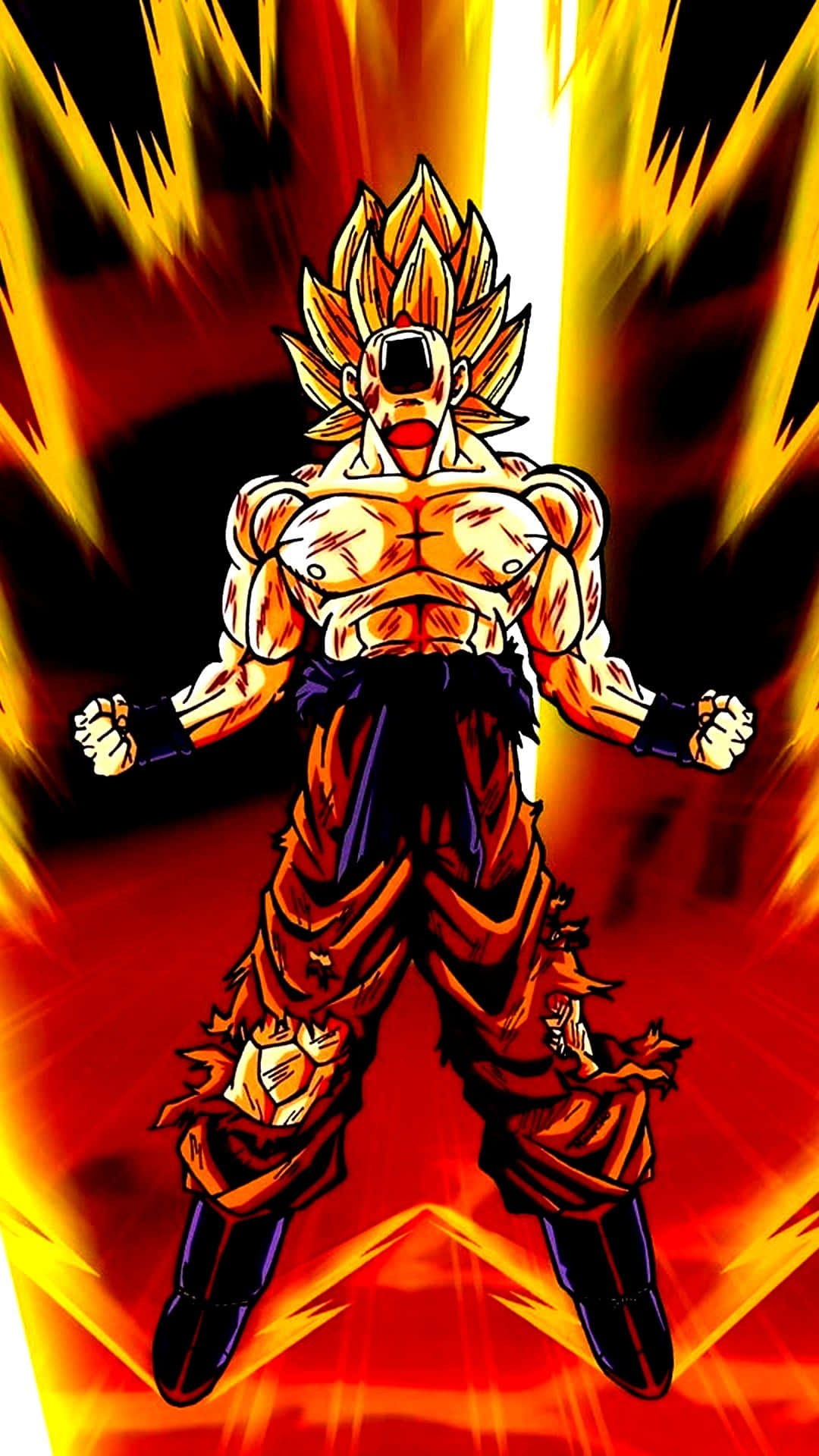 Saiyan 桌布 壁紙 — 一個肌肉發達的動漫戰士，擁有尖刺的金色頭髮和發光的光環，強而有力地站在火紅和黃色的背景前。