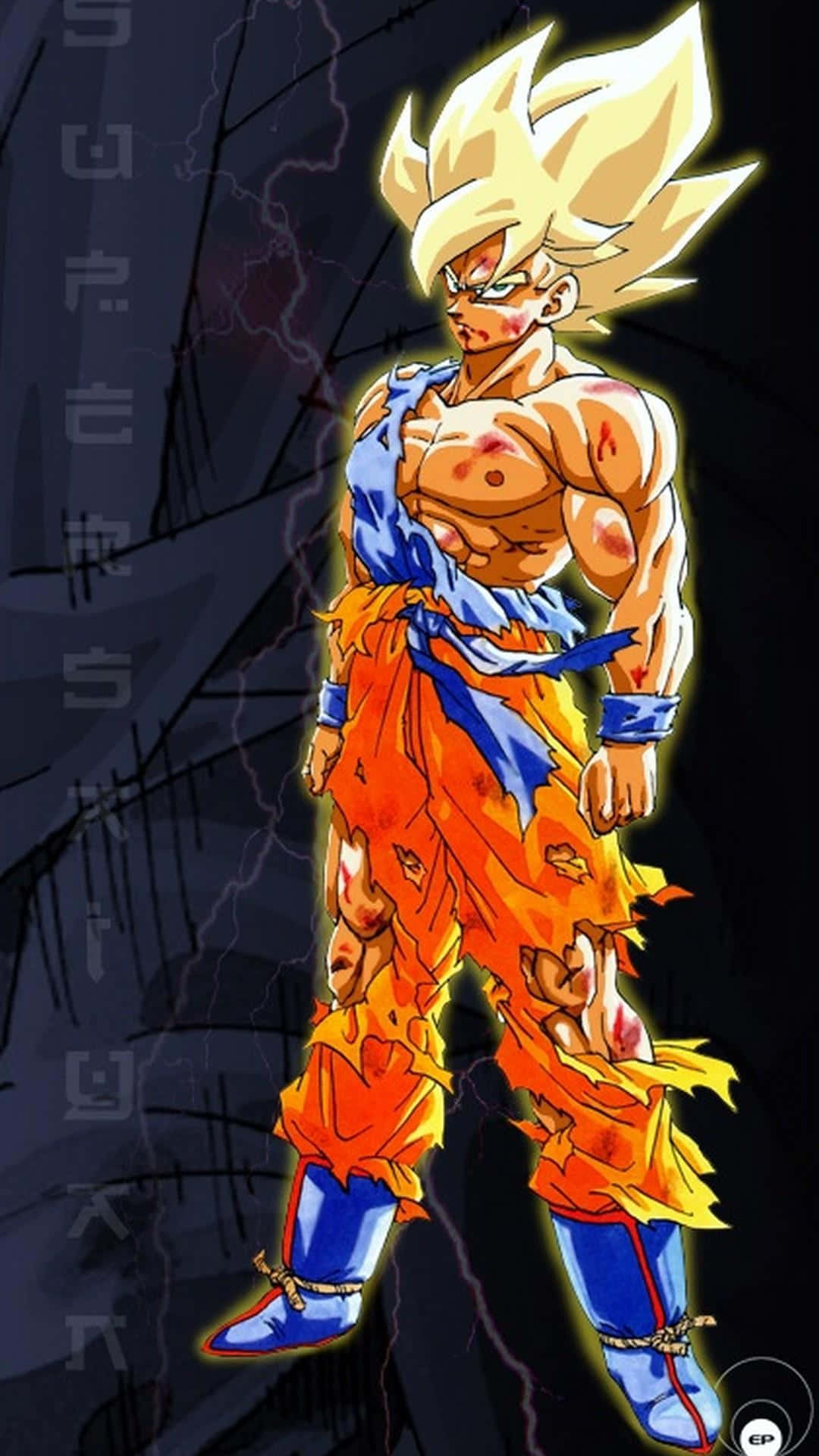 Saiyan Race 桌布 壁紙 — 一個肌肉發達的動漫戰士，擁有尖刺金髮和破爛的橙色道服，在黑暗風暴背景中伴隨閃電挑釁地站立。