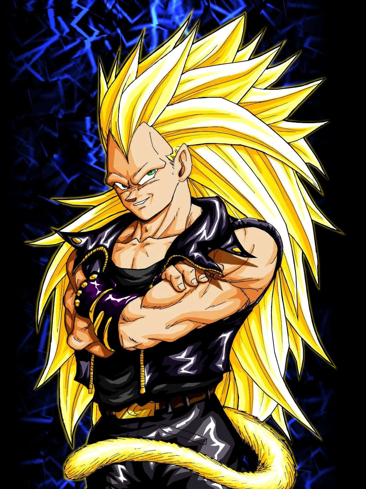 Vegeta Super Saiyan 3 桌布 壁紙 — 一個肌肉發達的動漫戰士，擁有尖刺的金色頭髮和尾巴，自信地站在深藍色噼啪作響的能量背景前。