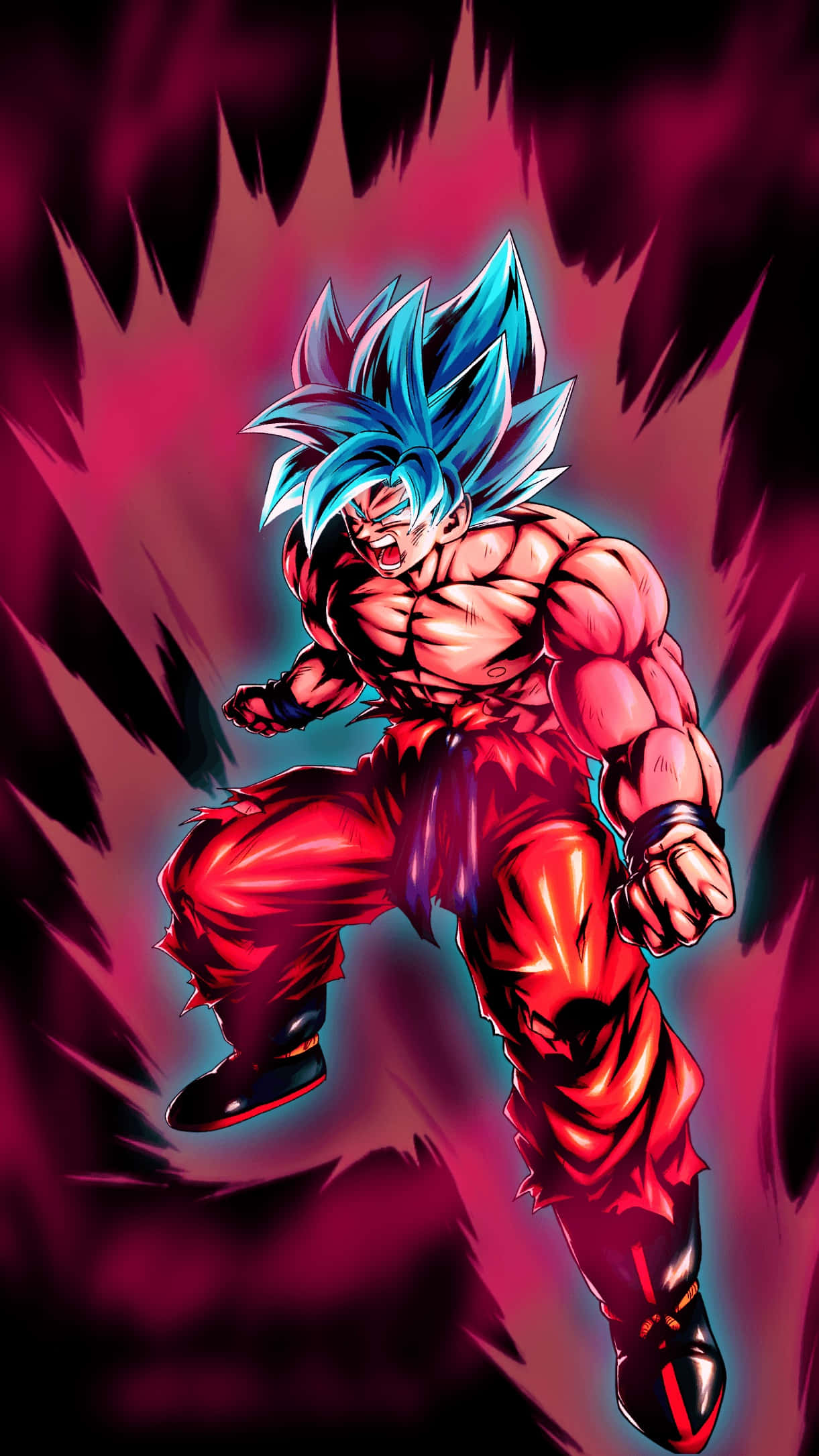 Goku Kaioken 桌布 壁紙 — 一個肌肉發達的動漫戰士，擁有尖刺藍色頭髮和紅色道服，在深紅色能量爆發背景前以動態姿勢咆哮。