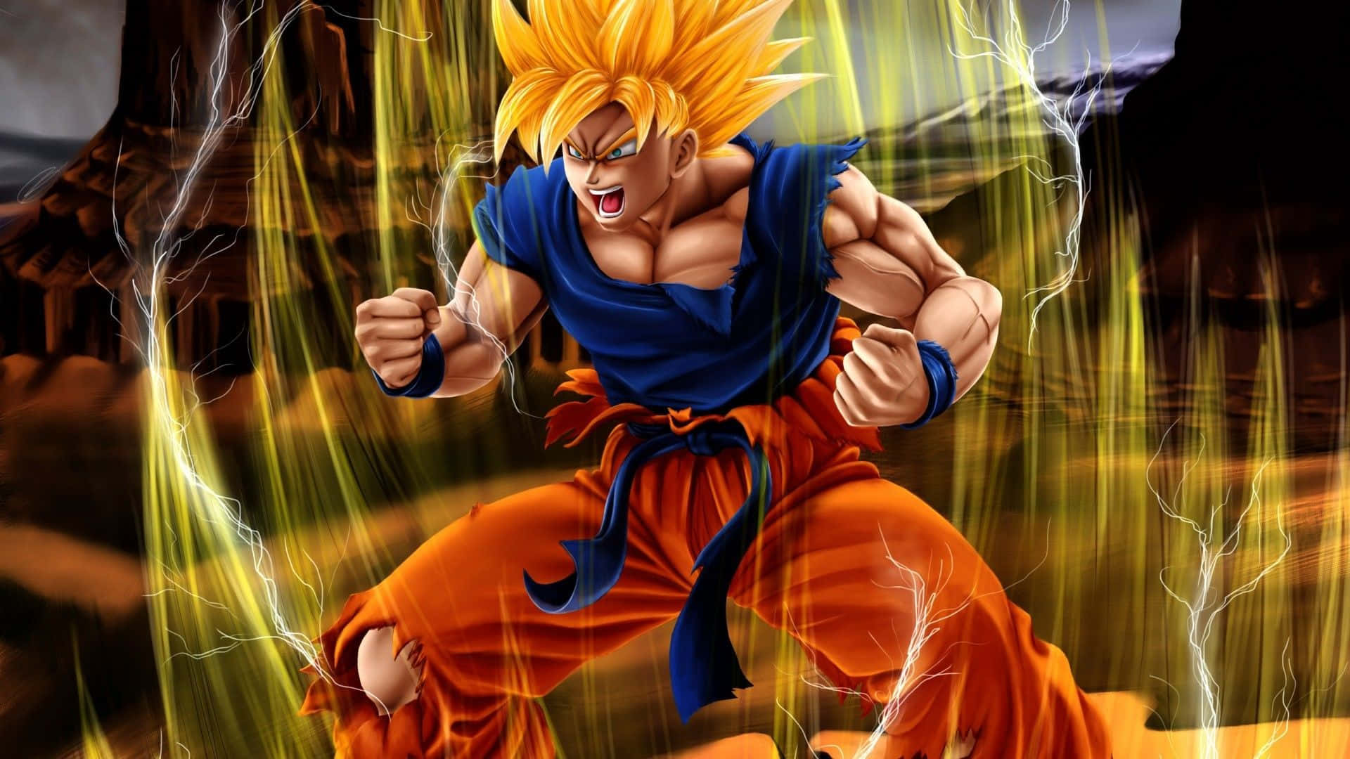Saiyan 桌布 壁紙 — 一個肌肉發達的動漫戰士，擁有尖刺金色頭髮和藍色道服，在戰鬥中咆哮，周圍環繞著噼啪作響的閃電和發光的黃色能量。