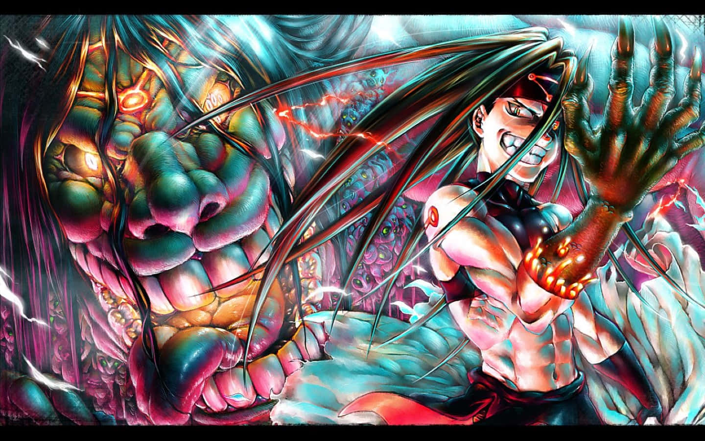 Fullmetal Alchemist Envy 桌布 壁紙 — 一個肌肉發達的動漫戰士，擁有發光的紅色眼睛和火焰之手，在動態的戰鬥場景中與一個巨大的綠色怪物交鋒。