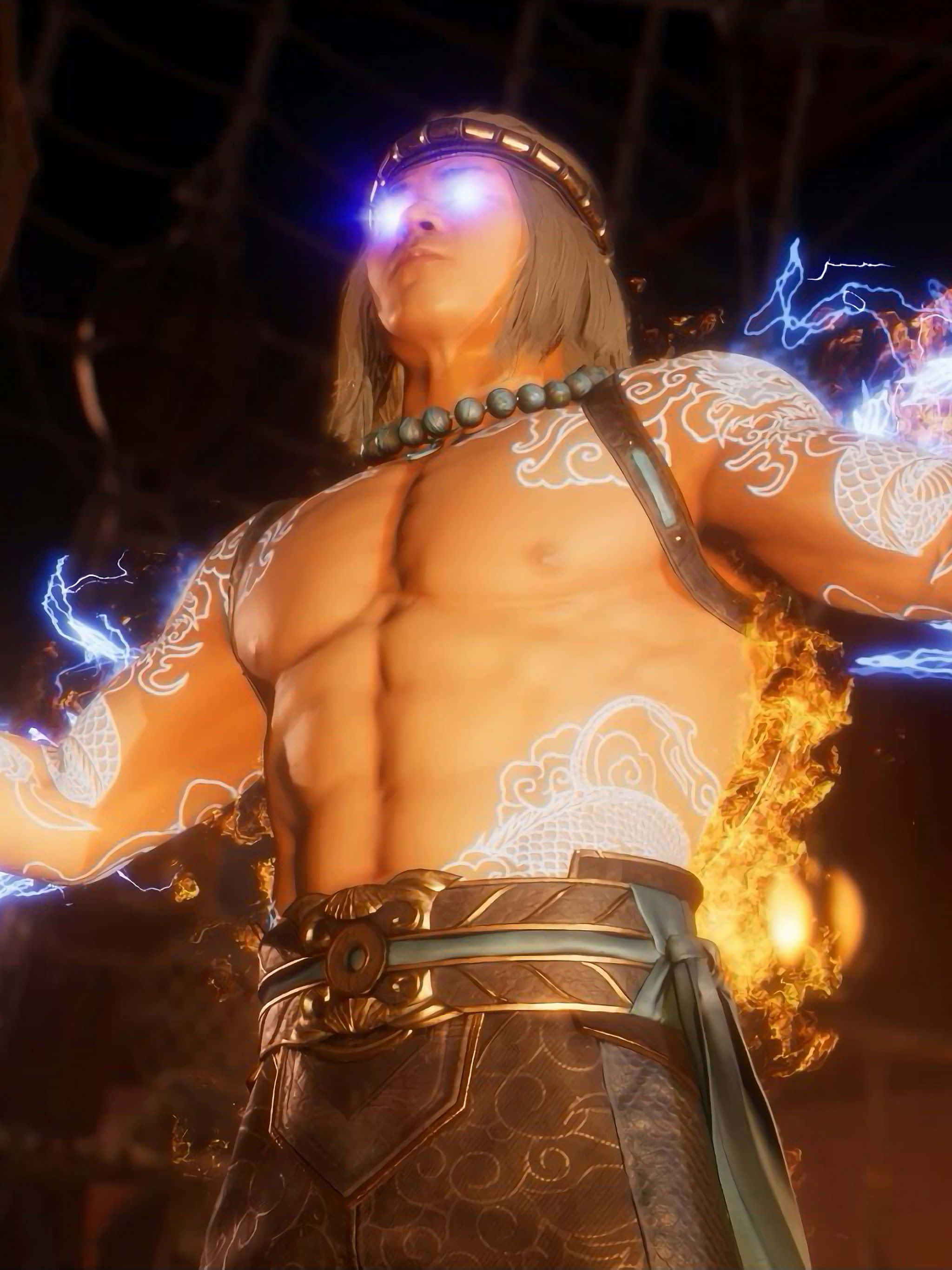 Mortal Kombat Liu Kang 桌布 壁紙 — 一個肌肉發達的動漫戰士，擁有發光的眼睛和電光紋身，在黑暗的競技場中引導熾熱的能量。