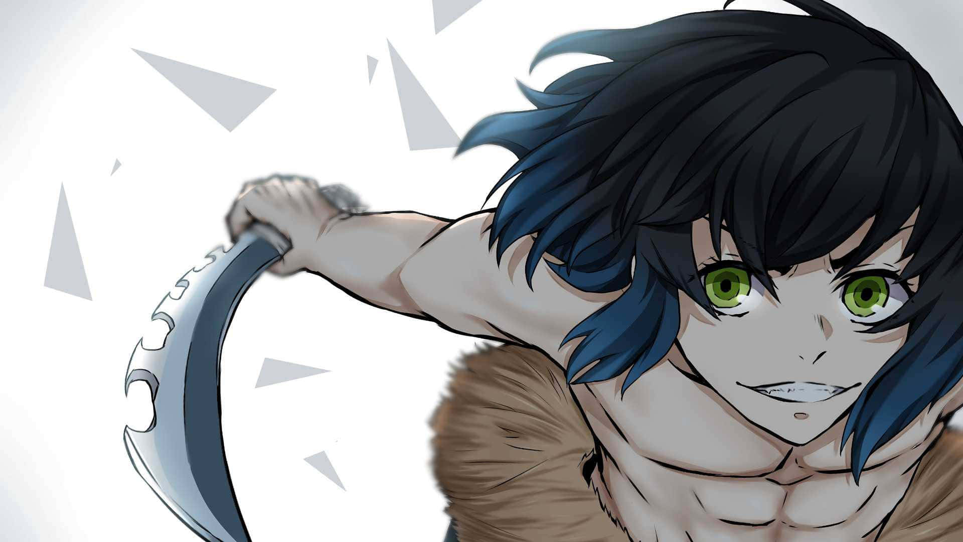 Demon Slayer Corps 桌布 壁紙 — 一個肌肉發達的動漫戰士，擁有綠色眼睛和黑藍色頭髮，在破碎的白色背景前揮舞著彎曲的刀刃。