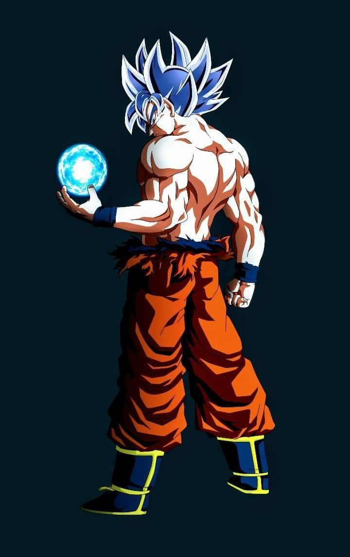 Dragon Ball iPhone 桌布 壁紙 — 一個肌肉發達的動漫戰士，擁有藍色刺蝟頭，在黑暗背景中手持發光的藍色能量球。