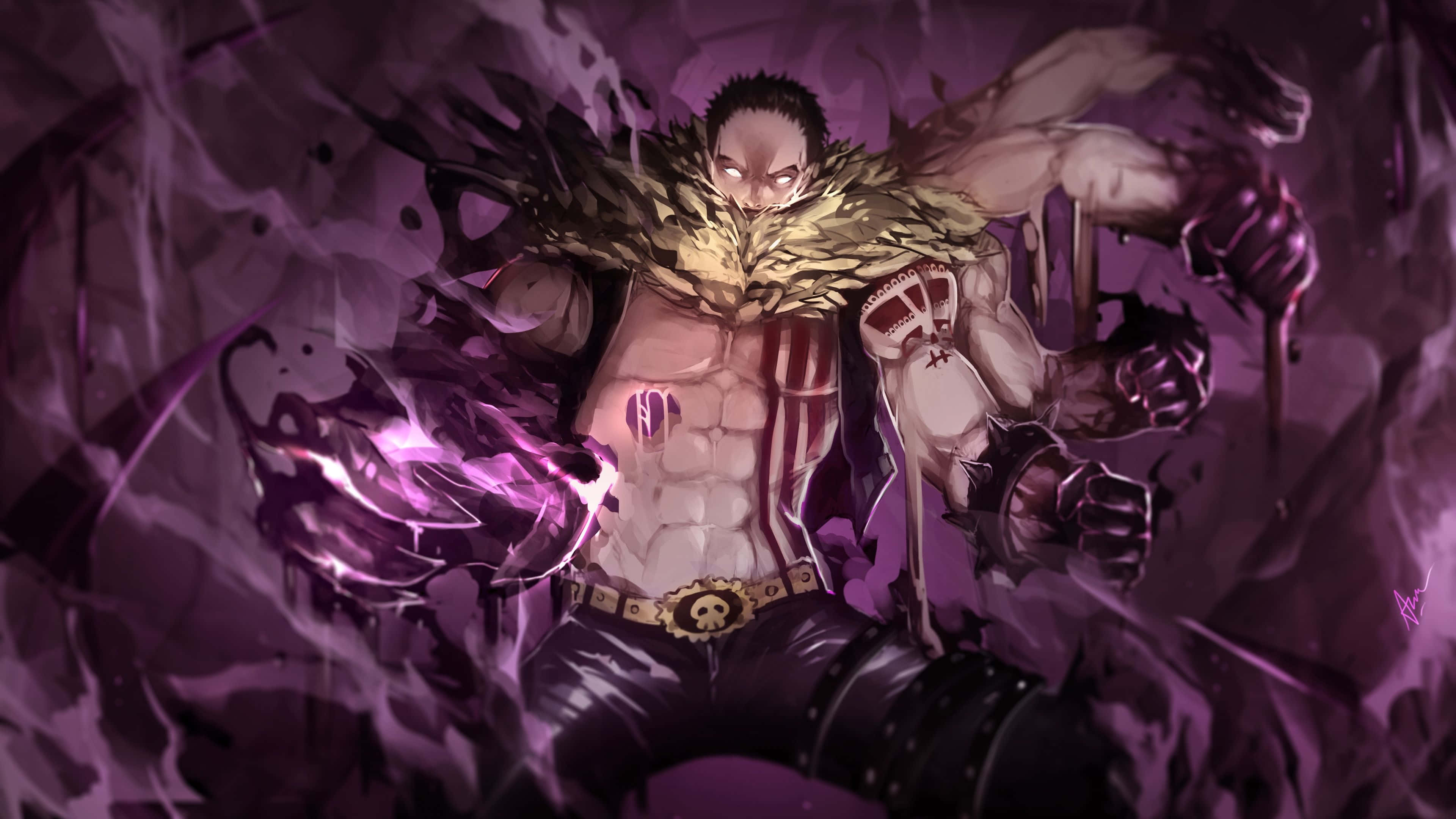 Charlotte Katakuri 桌布 壁紙 — 一個肌肉發達的動漫戰士，擁有金色羽毛肩膀和發光的紫色光環，擺出動態的戰鬥姿勢。