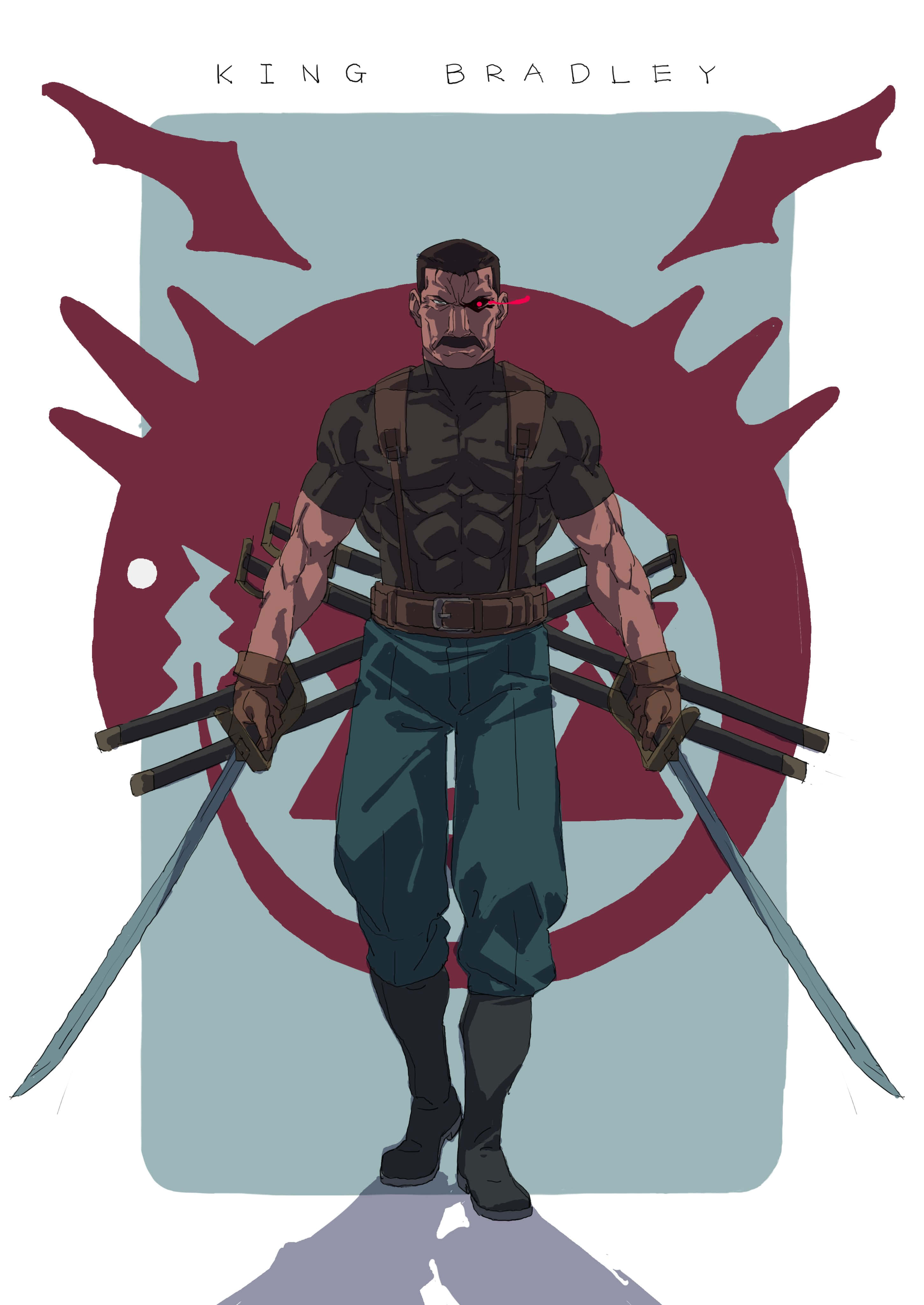 King Bradley 桌布 壁紙 — 一個肌肉發達的動漫戰士，有一隻紅眼睛和鬍子，站著手持兩把劍，背景是栗色龍紋章。