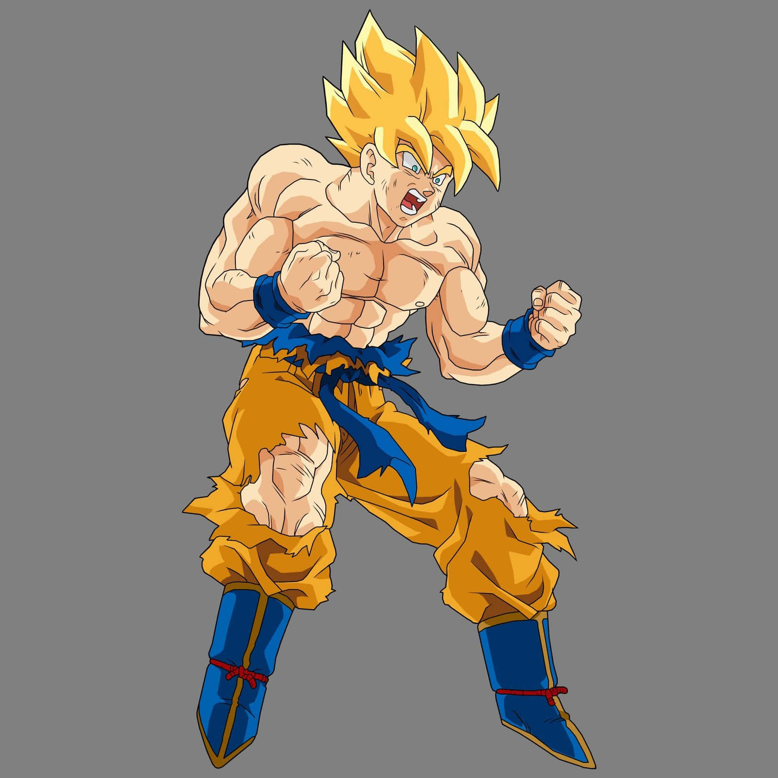 Dragon Ball Characters 桌布 壁紙 — 一個肌肉發達的動漫戰士，有著尖刺金髮和橙色褲子，在純灰色背景前擺出戰鬥姿勢。